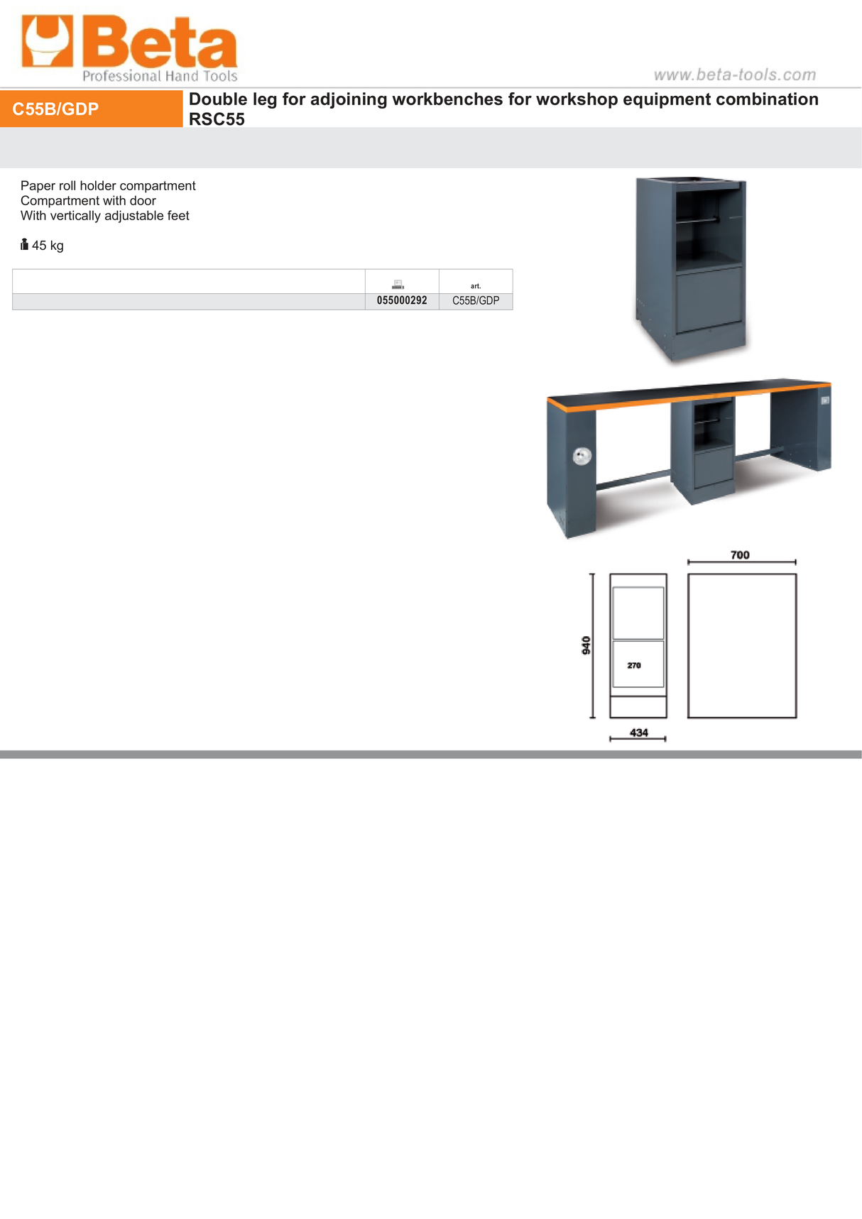 Double Leg with Paper Roll Holder Compartment, Door, Adjustable Feet - BetaRSC55 C55B/GDP - Image 4