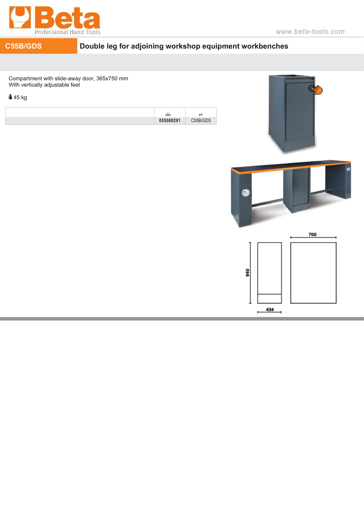 Double Leg with Slide-Away Door Compartment, Adjustable Feet, 365x750mm - BetaRSC55 C55B/GDS - Image 4