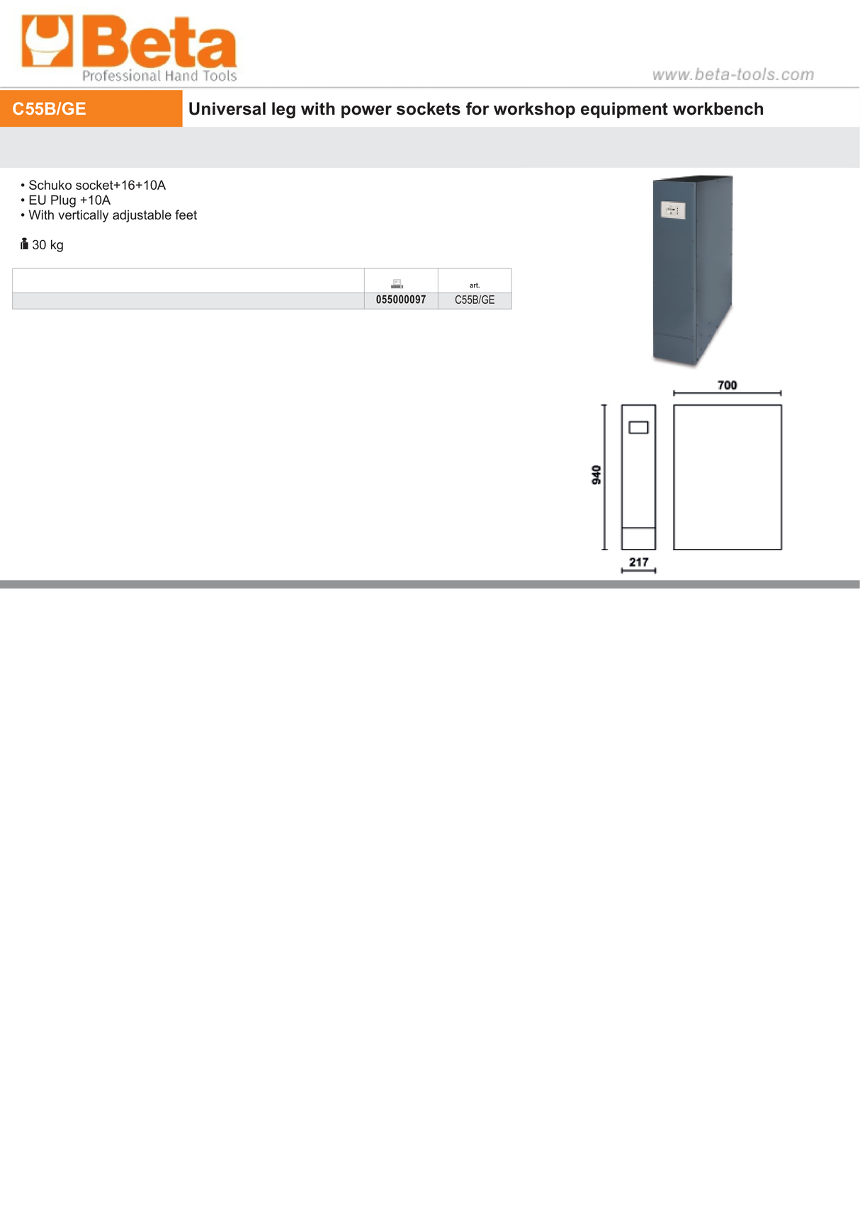 Universal Leg with Power Sockets, Schuko and EU Plug, Adjustable Feet for Workbench - BetaRSC55 C55B/GE - Image 3