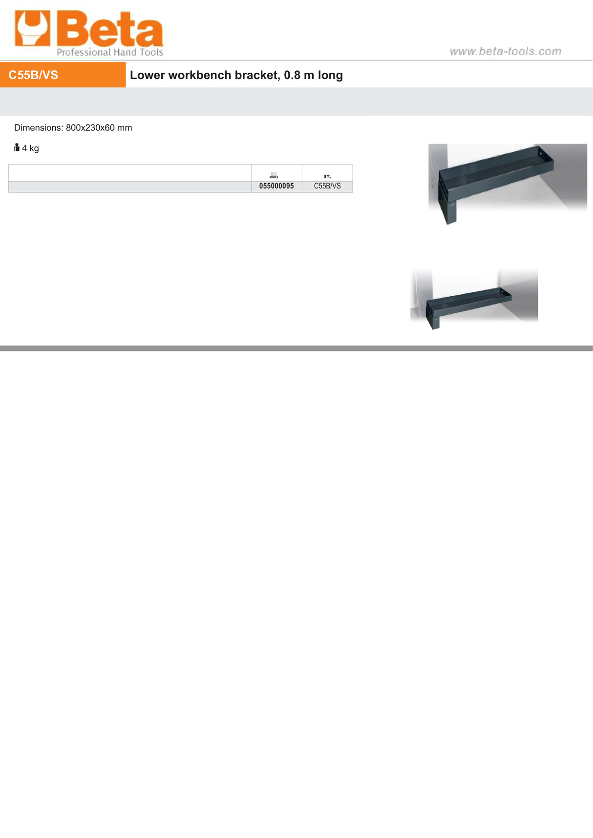 Lower Workbench Bracket 0.8m, 800x230x60mm - BetaRSC55 C55B/VS - Image 3