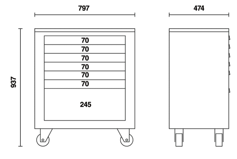 Mobile Roller Cabinet with 7 Drawers, Ball Bearing Slides, Central Lock, 588x367mm Drawers, 100mm Castors - BetaRSC55 C55C7 - Image 3