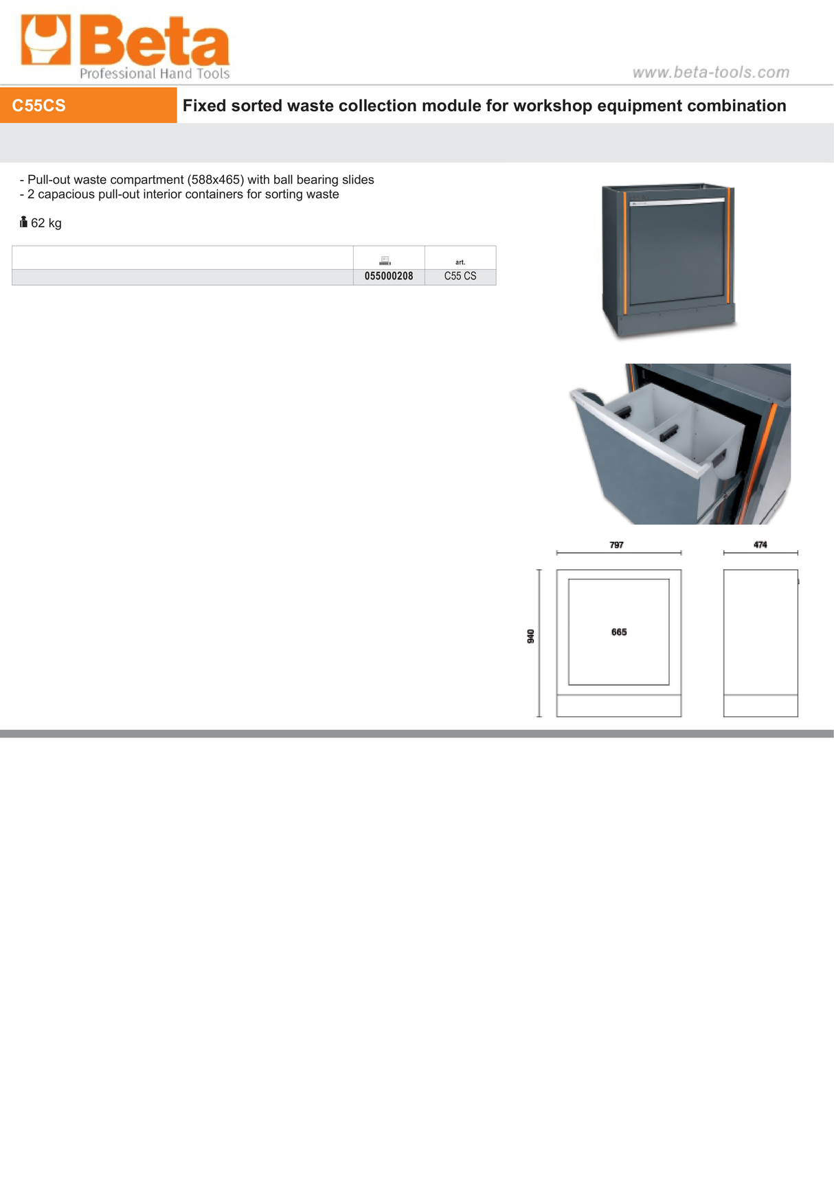 Fixed Sorted Waste Collection Module with Pull-Out Compartment, 588x465mm, Includes 2 Interior Containers - BetaRSC55 C55 CS - Image 4