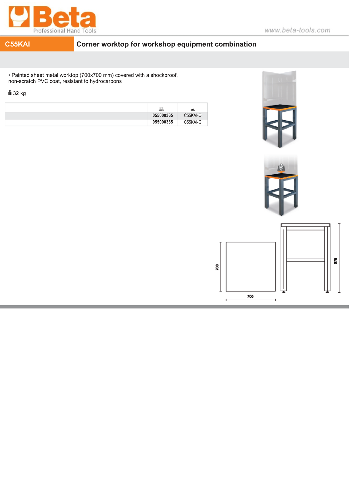 Corner Worktop, 700x700mm, PVC Coated, Hydrocarbon Resistant - BetaRSC55 C55KAI-O - Image 4