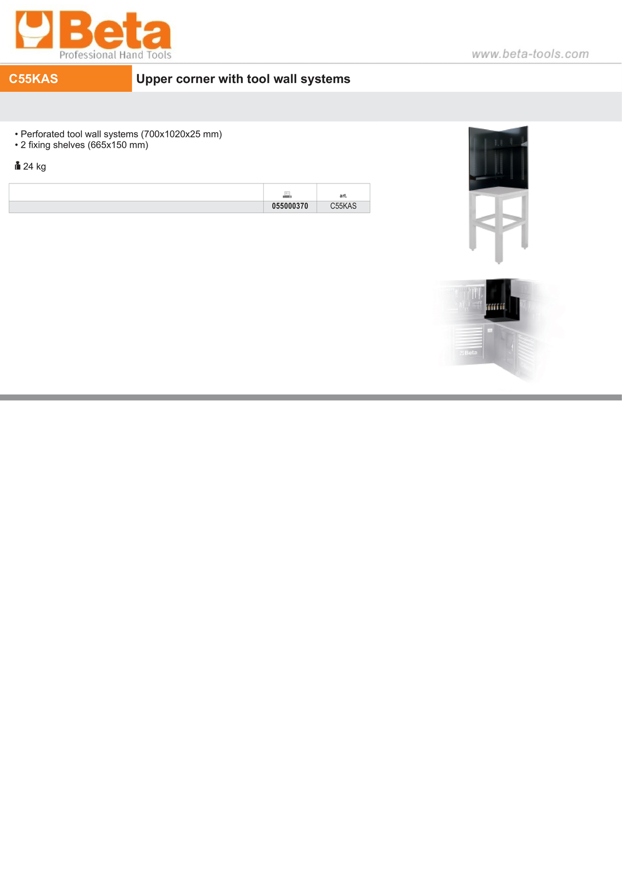 Upper Corner Tool Wall Systems, 700x1020x25mm, with Fixing Shelves - BetaRSC55 C55KAS - Image 3