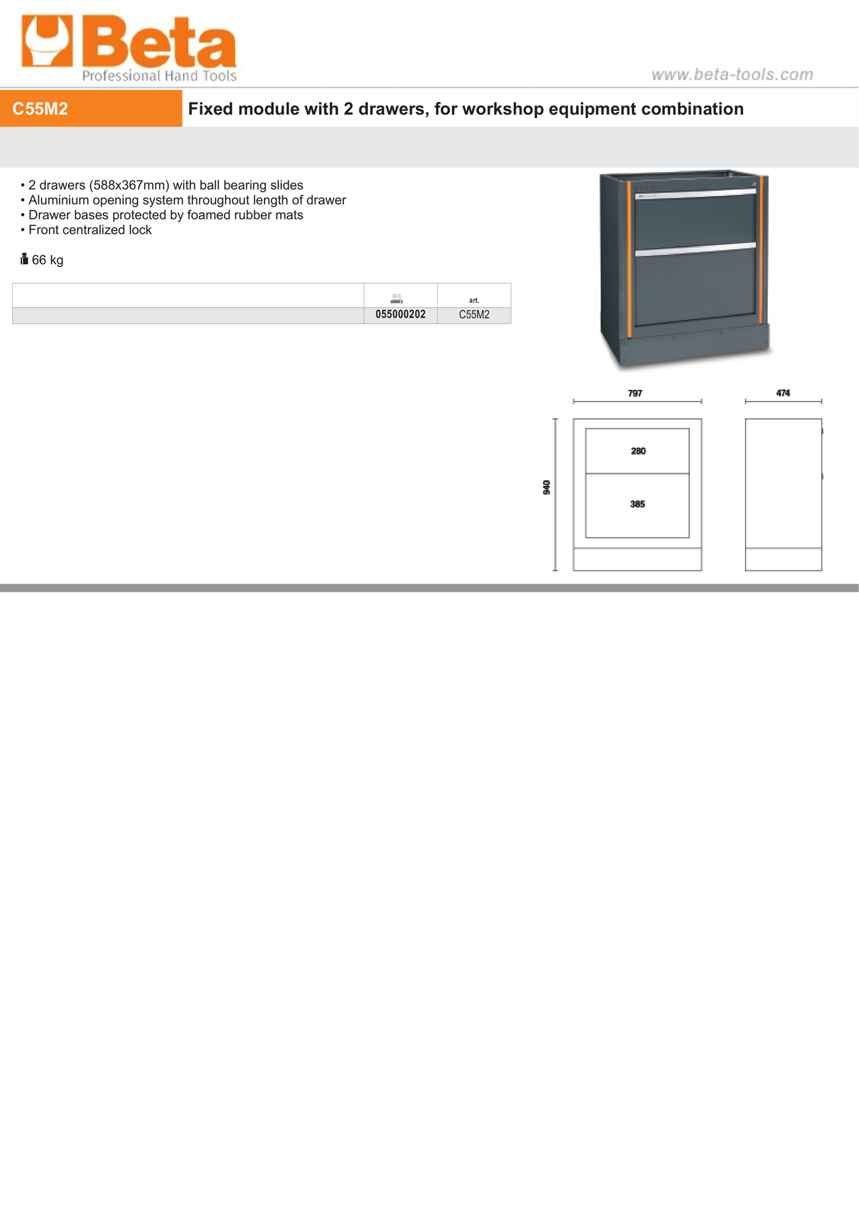 Fixed Module with 2 Drawers, Ball Bearing Slides, Central Lock, 588x367mm Drawers - BetaRSC55 C55M2 - Image 3