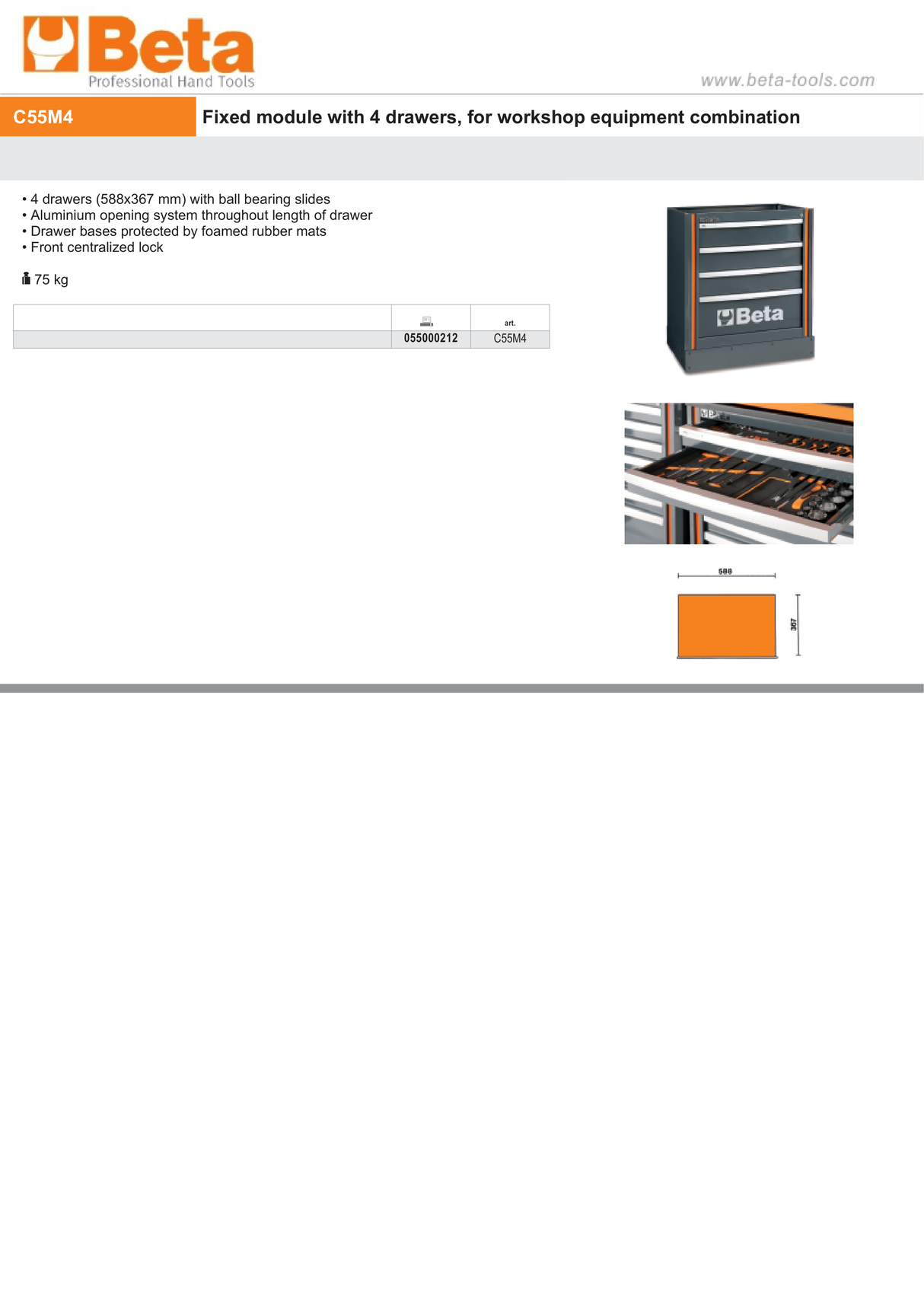 Fixed Module with 4 Drawers, Ball Bearing Slides, Central Lock, 588x367mm Drawers - BetaRSC55 C55M4 - Image 5