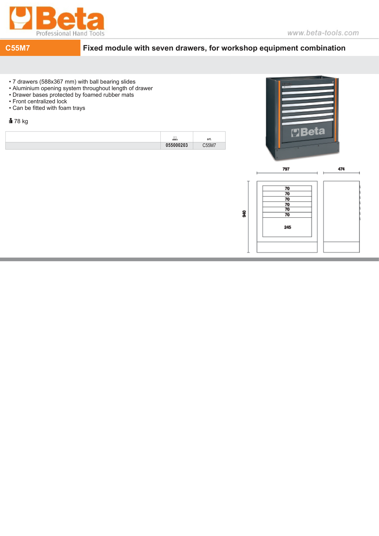 Fixed Module with 7 Drawers, Ball Bearing Slides, Central Lock, 588x367mm Drawers - BetaRSC55 C55M7 - Image 3