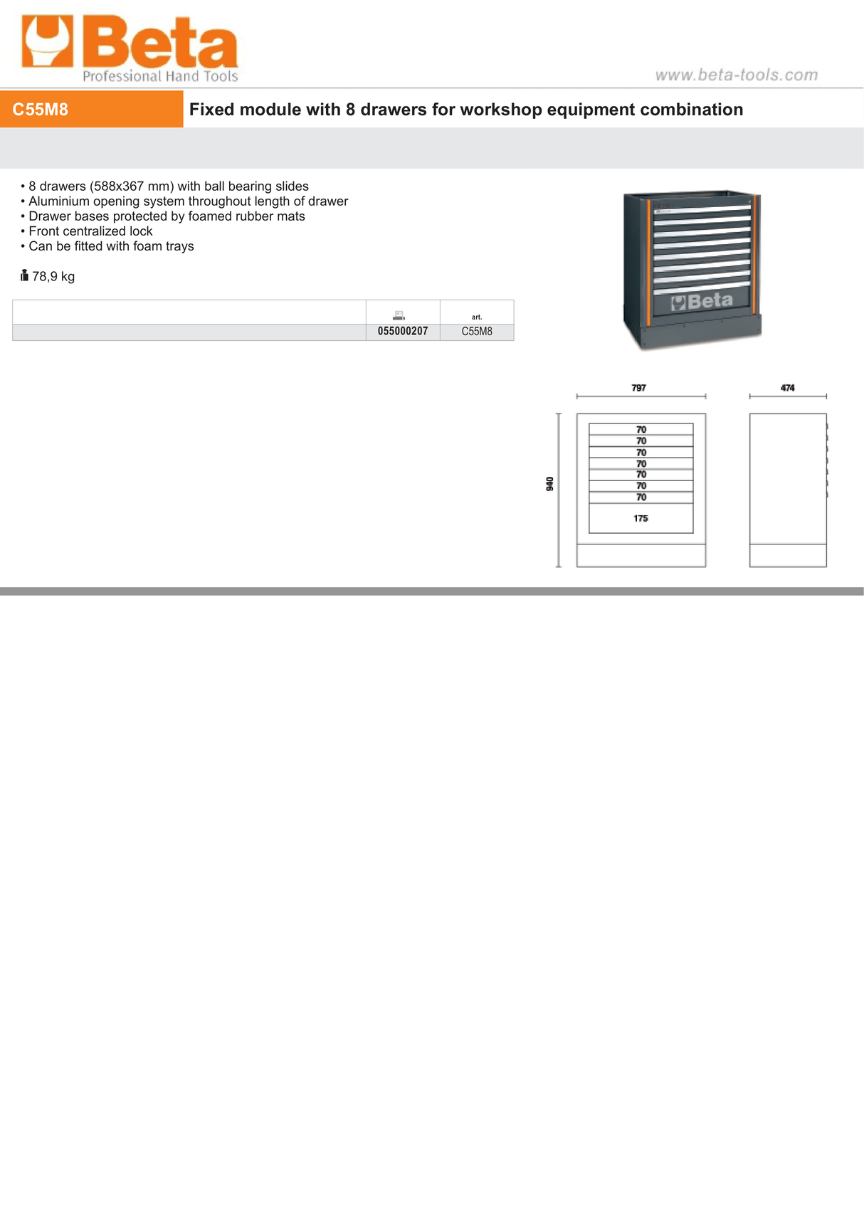 Fixed Module with 8 Drawers, Ball Bearing Slides, Central Lock, 588x367mm Drawers - BetaRSC55 C55M8 - Image 3