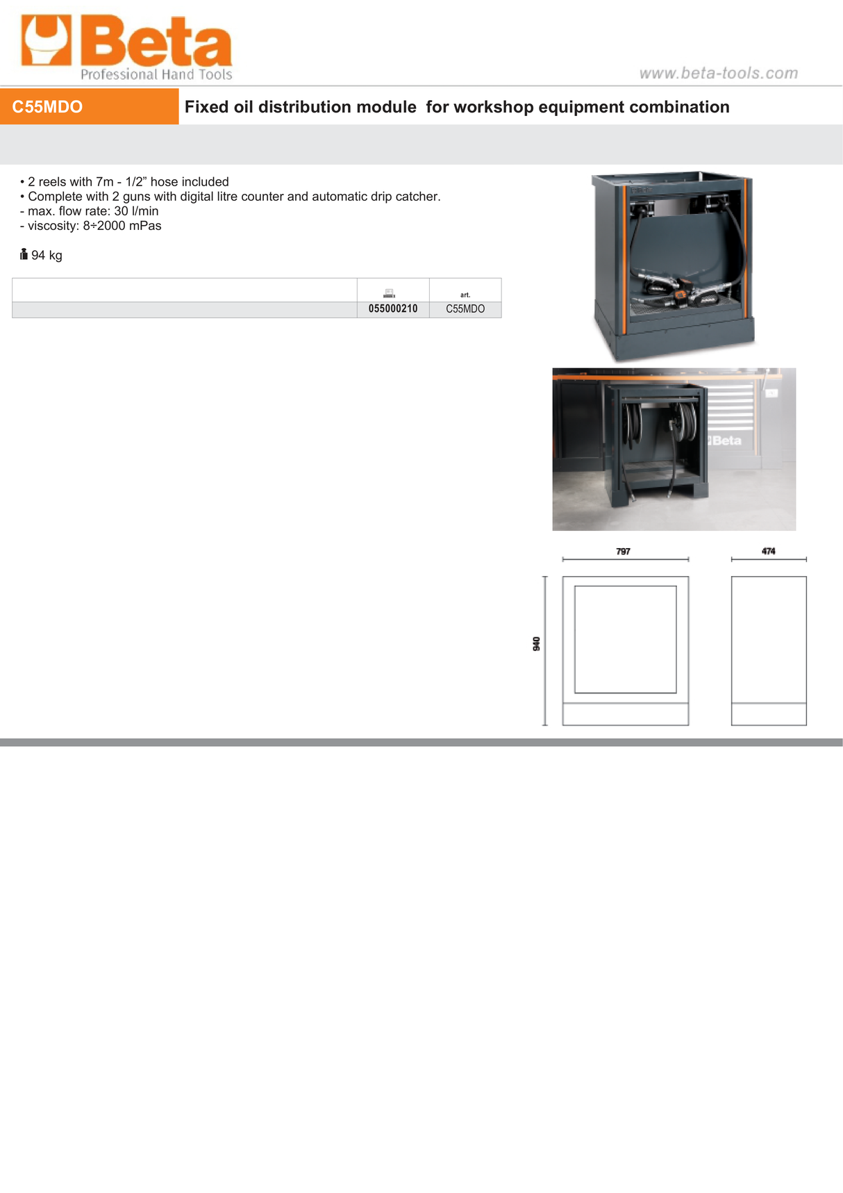 Fixed Oil Distribution Module with 2 Reels, 7m 1/2 Hose, Digital Litre Counter, 30 l/min Flow Rate - BetaRSC55 C55MDO - Image 4