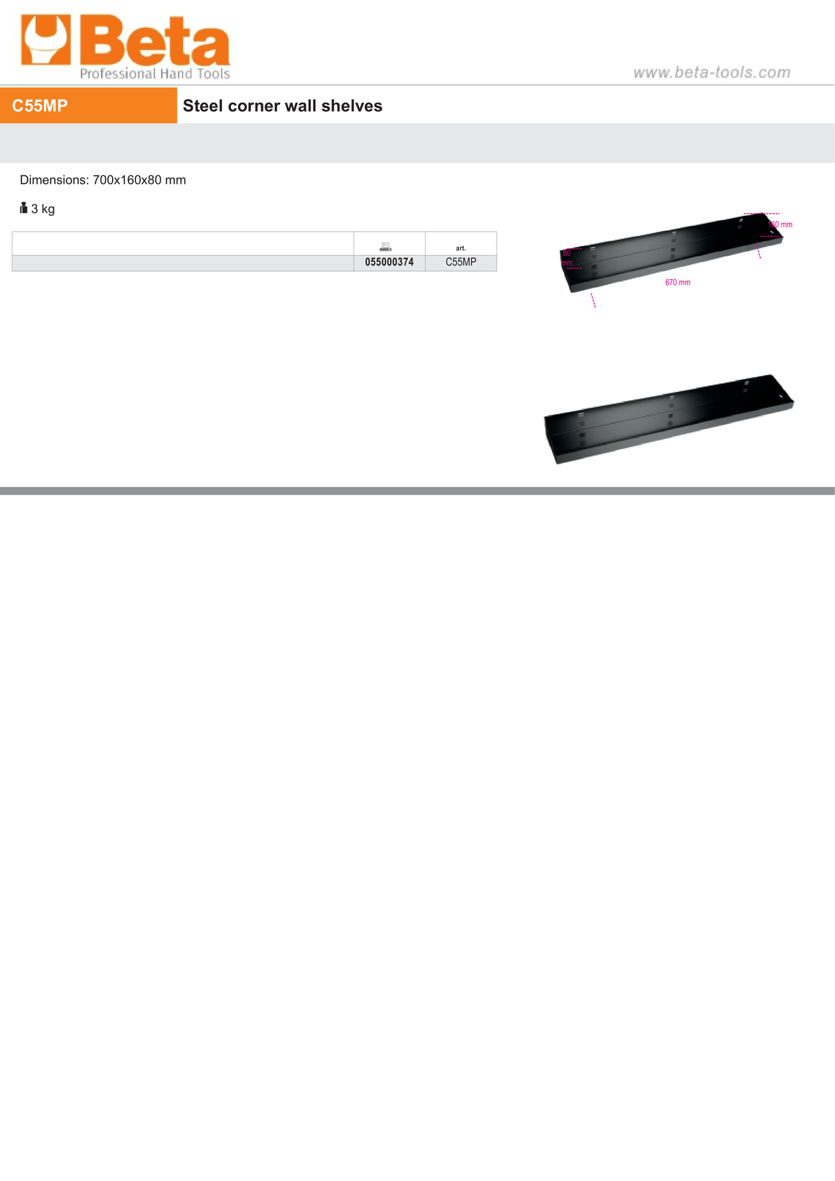 Steel Corner Wall Shelves, 700x160x80mm - BetaRSC55 C55MP - Image 3