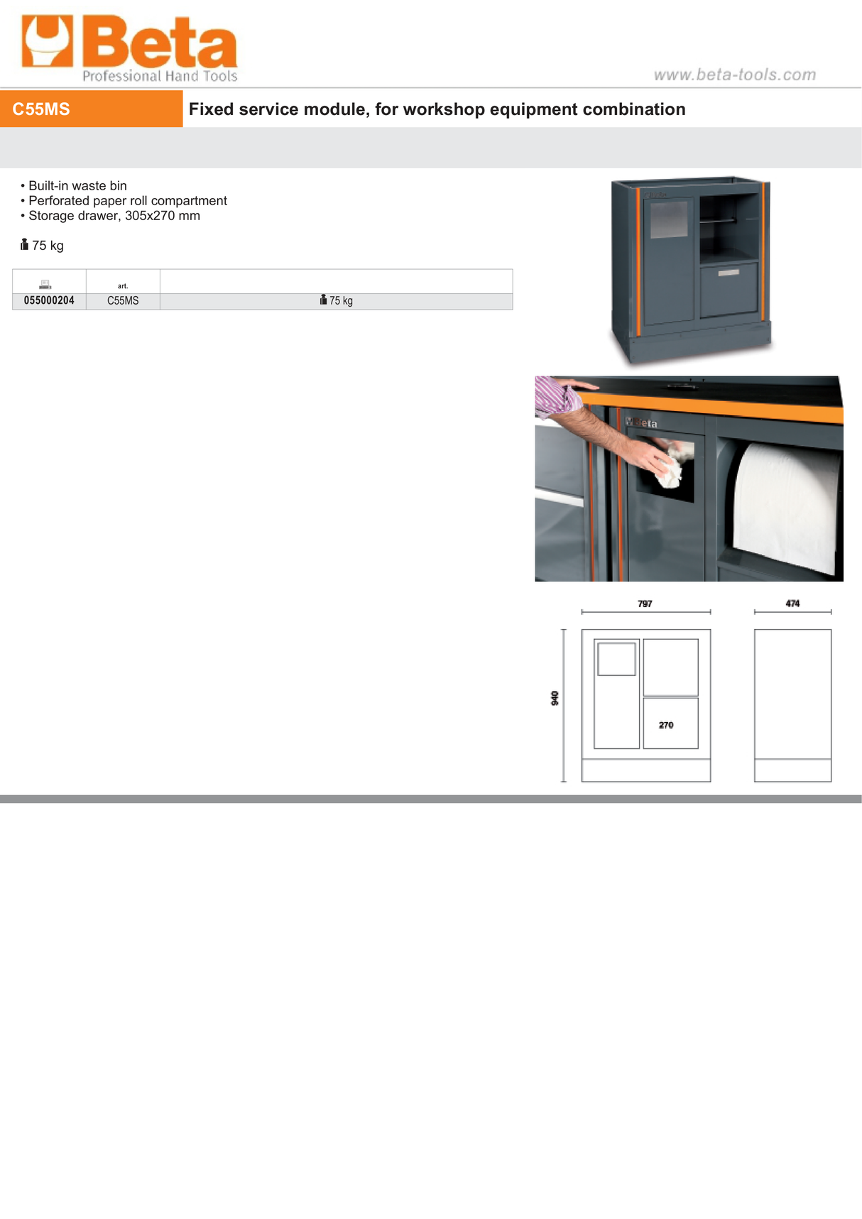 Fixed Service Module with Waste Bin, Paper Roll Compartment, 305x270mm Storage Drawer - BetaRSC55 C55MS - Image 4