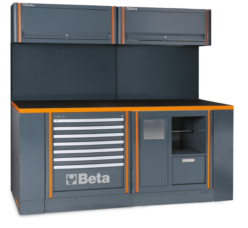 Workshop Workstation with Workbench, 7-Drawer Module, Service Module, Tool Wall System, 2 Suspended Cabinets, 2050x700mm Worktop - BetaRSC55 C55PB-PRO/7 - Image 1