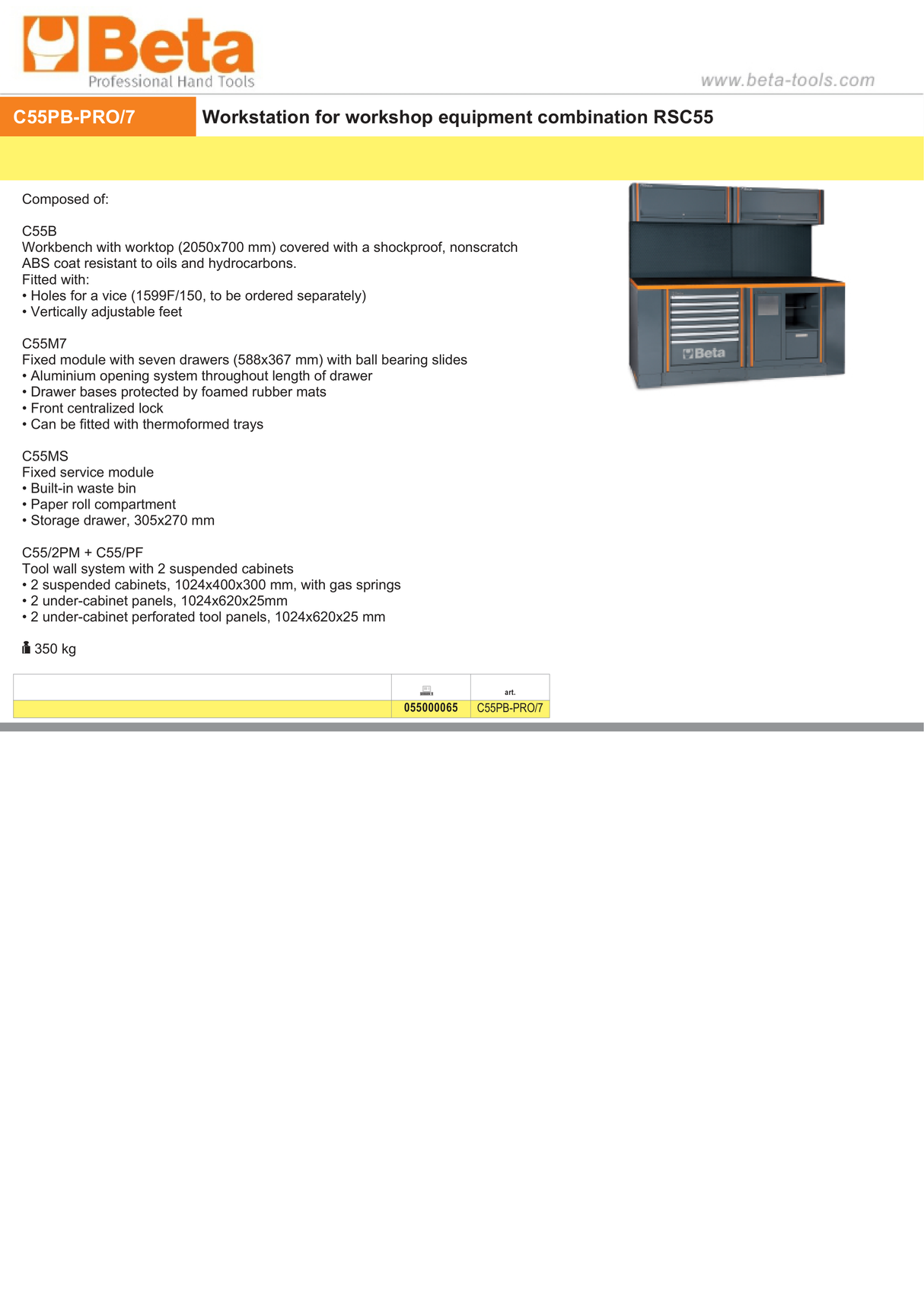Workshop Workstation with Workbench, 7-Drawer Module, Service Module, Tool Wall System, 2 Suspended Cabinets, 2050x700mm Worktop - BetaRSC55 C55PB-PRO/7 - Image 2