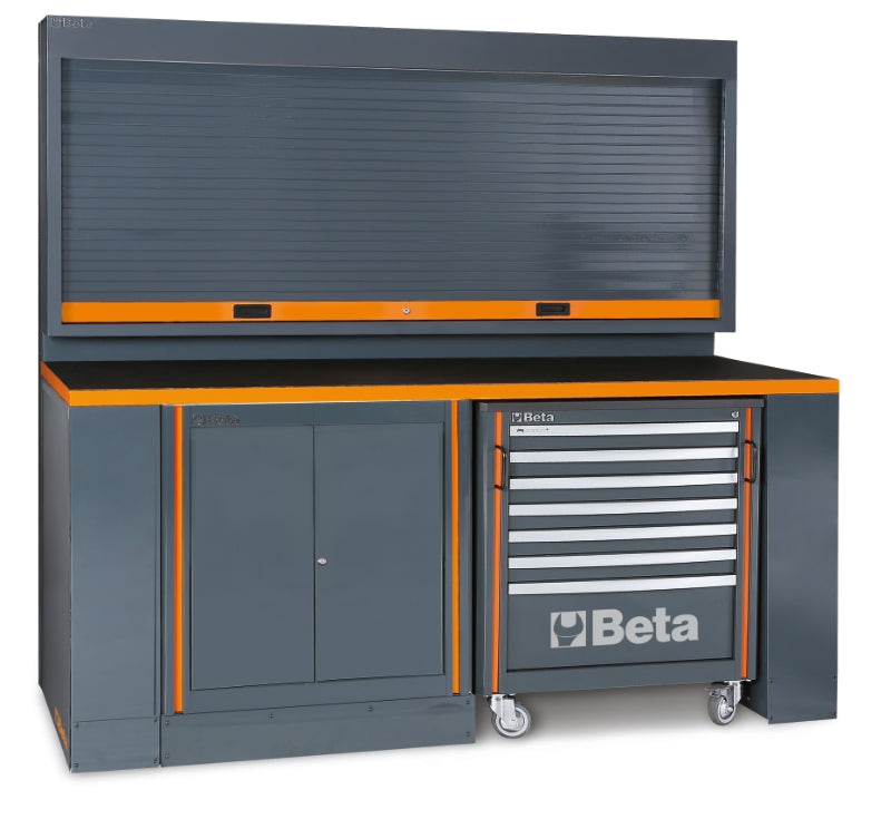 Workshop Workstation with Workbench, 7-Drawer Mobile Roller Cab, Two-Door Module, Tool Wall System with Shutter, 2050x700mm Worktop - BetaRSC55 C55PB-PRO/8 - Image 1