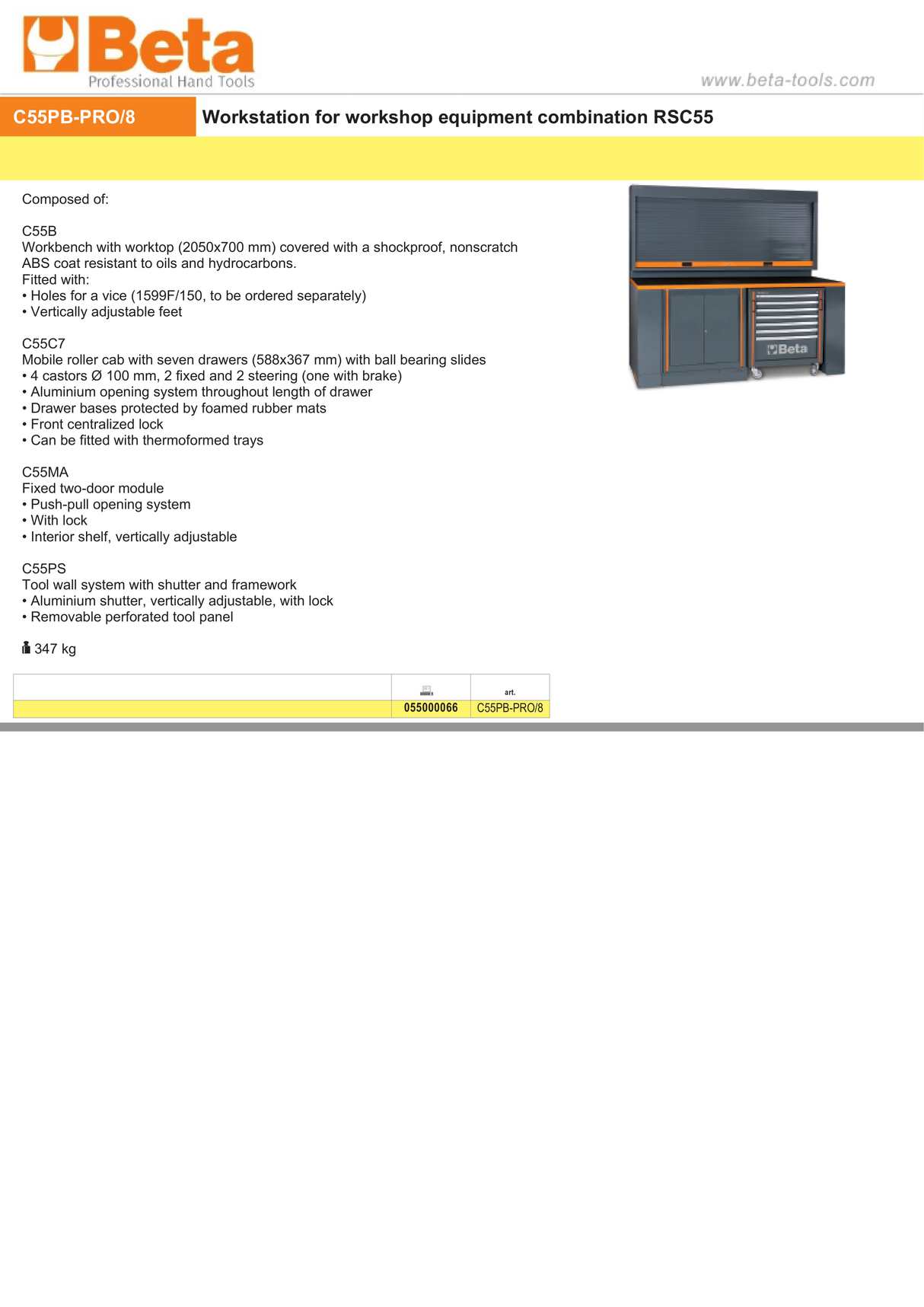 Workshop Workstation with Workbench, 7-Drawer Mobile Roller Cab, Two-Door Module, Tool Wall System with Shutter, 2050x700mm Worktop - BetaRSC55 C55PB-PRO/8 - Image 2