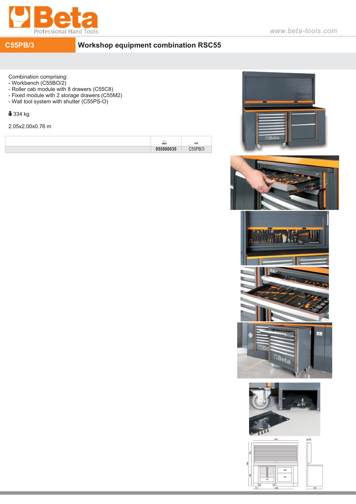 Workshop Equipment Set with Workbench, 8-Drawer Roller Cab, 2-Drawer Module, Wall Tool System, 2.05x2.00x0.76m - BetaRSC55 C55PB/3 - Image 8