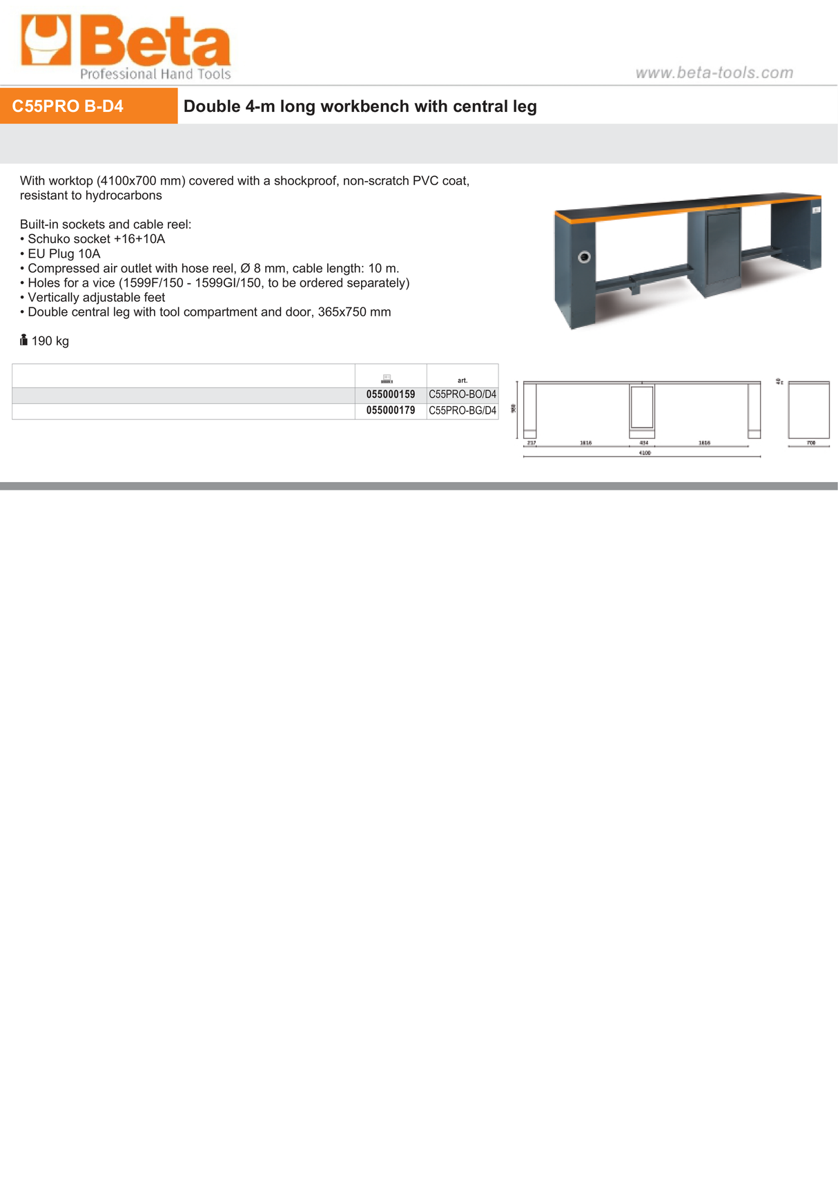 Double 4m Workbench with Central Leg, Shockproof PVC Worktop, Built-In Sockets, Hose Reel, Adjustable Feet, 4100x700mm - BetaRSC55 C55PRO-BG/D4 - Image 3