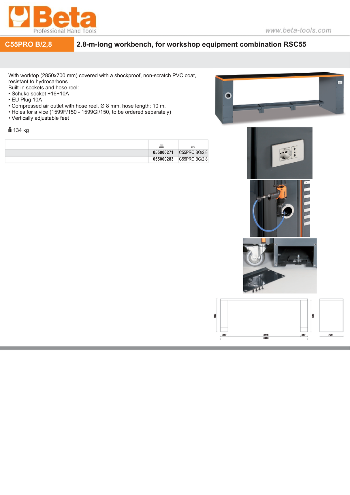 2.8m Workbench with Shockproof PVC Coated Worktop, Built-in Sockets, Hose Reel, Vice Holes, Adjustable Feet - BetaRSC55 C55PRO BG/2,8 - Image 6