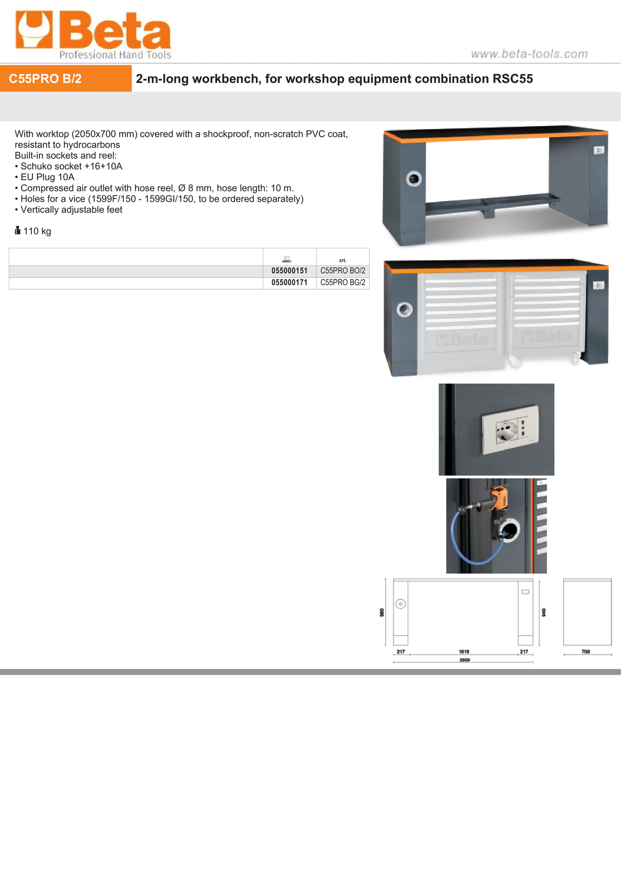 2m Workbench with Shockproof PVC Worktop, Built-In Sockets, Hose Reel, Adjustable Feet, 2050x700mm - BetaRSC55 C55PRO BO/2 - Image 6
