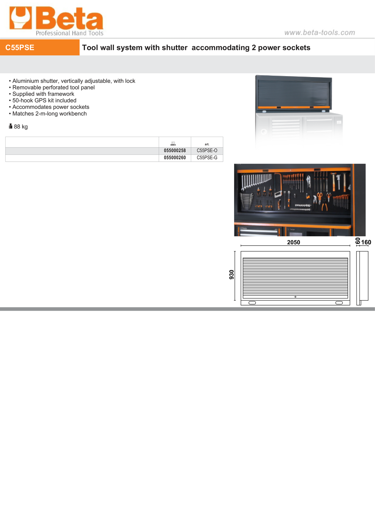 Tool Wall System with Lockable Adjustable Shutter, Perforated Panel, 50-Hook Kit, Power Socket Accommodation, Fits 2m Workbench - BetaRSC55 C55PSE-G - Image 4