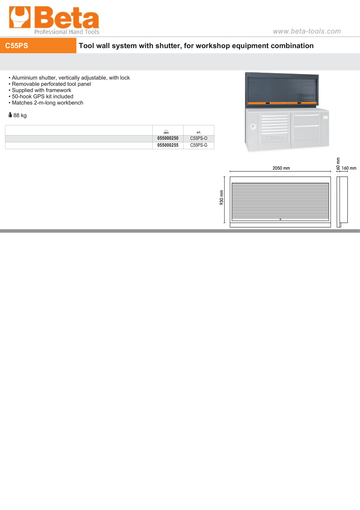 Tool Wall System with Lockable Adjustable Shutter, Perforated Panel, 50-Hook Kit, Fits 2m Workbench - BetaRSC55 C55PS-G - Image 3