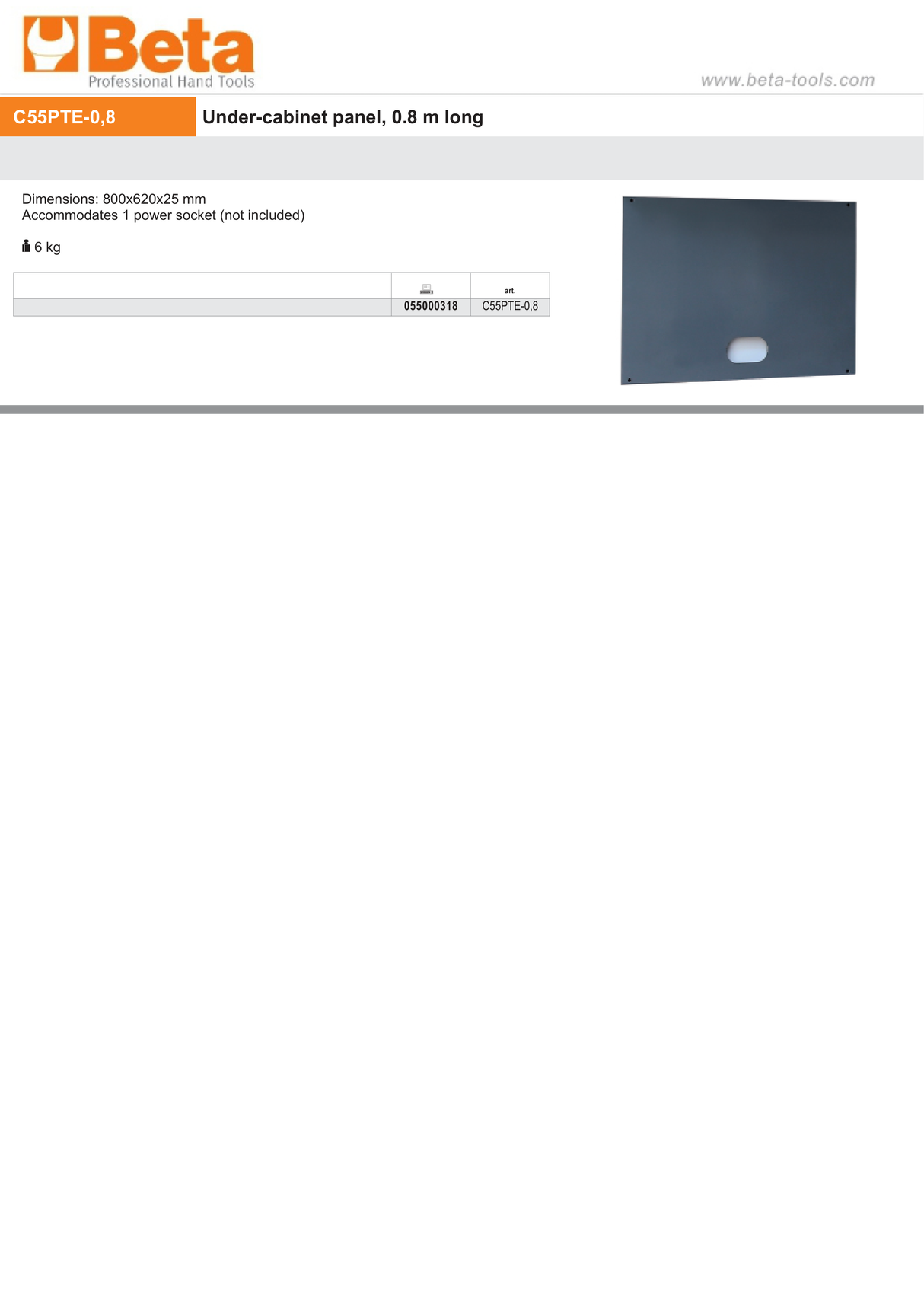 Under-Cabinet Panel, 800x620x25mm, Power Socket Compatible - BetaRSC55 C55PTE-0,8 - Image 2
