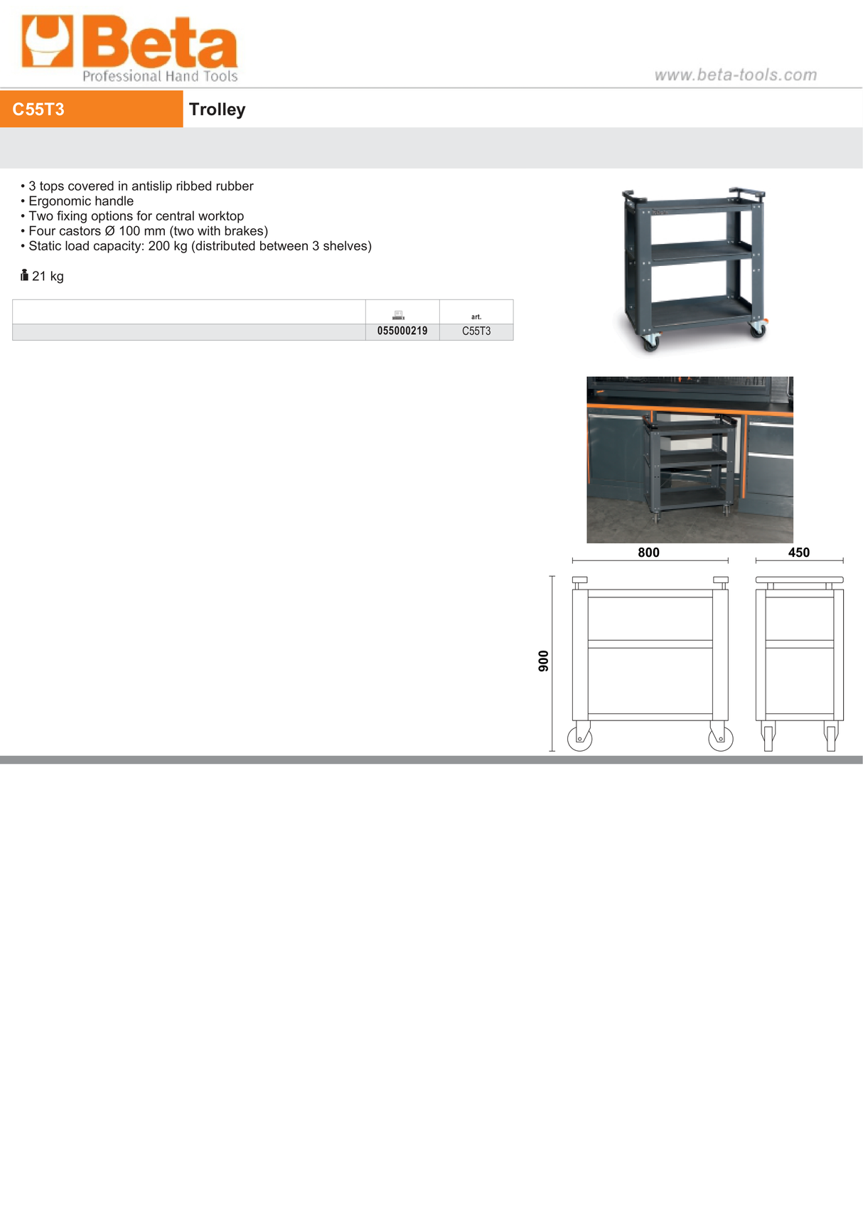 Trolley with 3 Antislip Rubber Tops, Ergonomic Handle, 100mm Castors, 200kg Load Capacity - BetaRSC55 C55T3 - Image 4