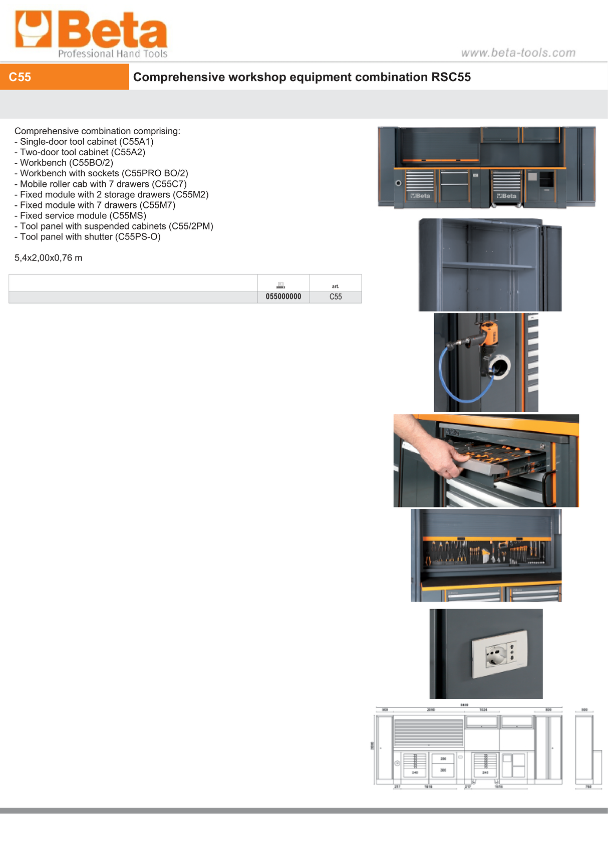 Comprehensive Workshop Equipment Set with Cabinets, Workbenches, Mobile Roller Cab, Tool Panels, 5.4x2.00x0.76m - BetaRSC55 C55 - Image 11