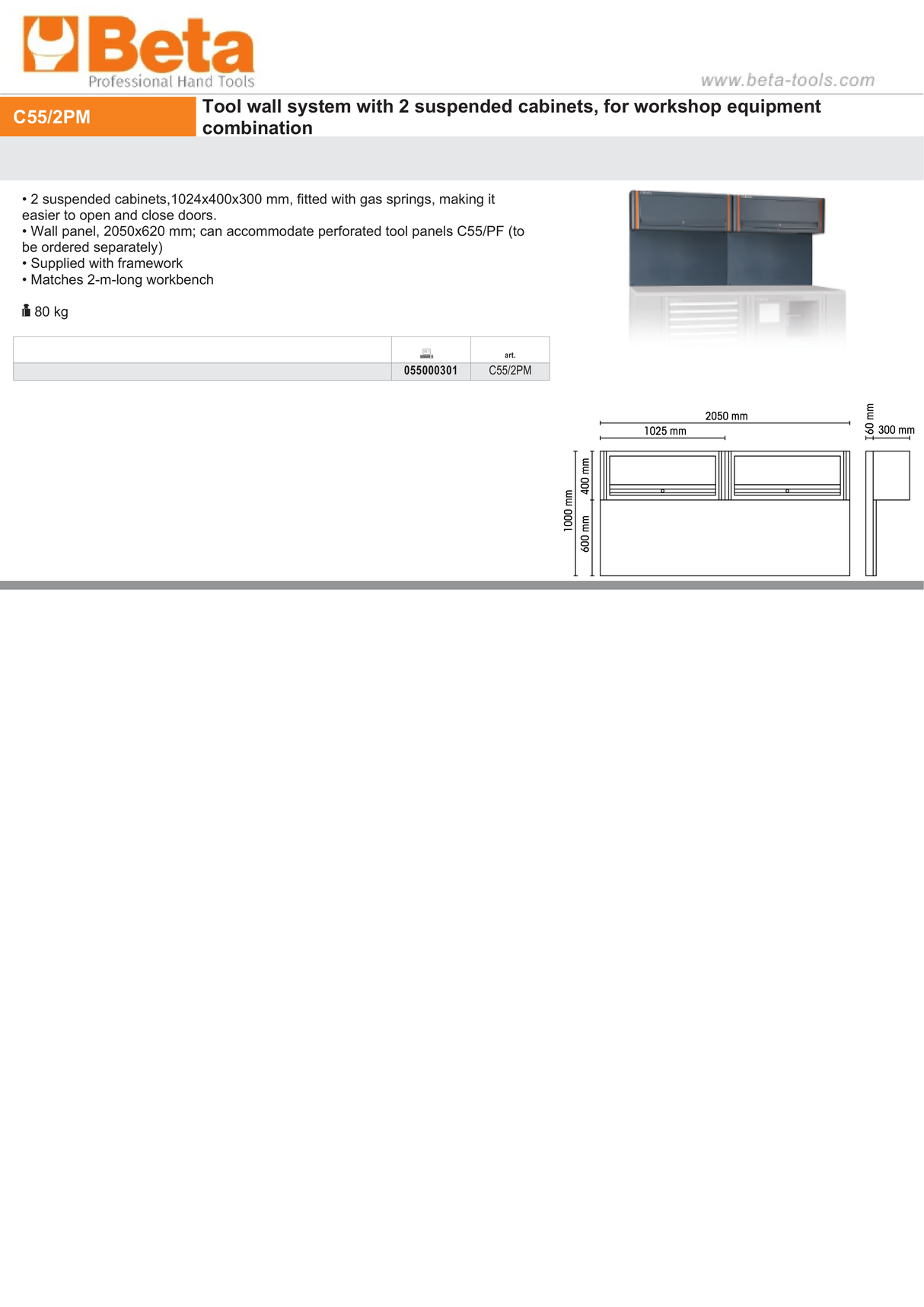 Tool Wall System with 2 Suspended Cabinets, Gas Springs, 2050x620mm Wall Panel, Fits 2m Workbench - BetaRSC55 C55/2PM - Image 3