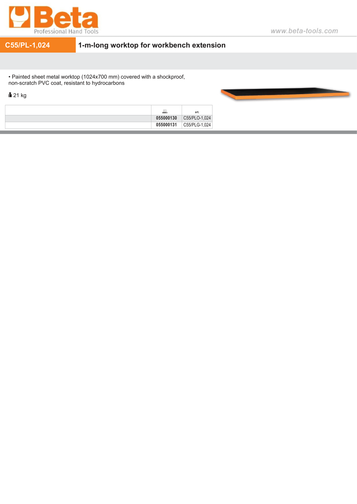 1m Worktop Extension with Shockproof PVC Coating, 1024x700mm - BetaRSC55 C55/PLG-1,024 - Image 2