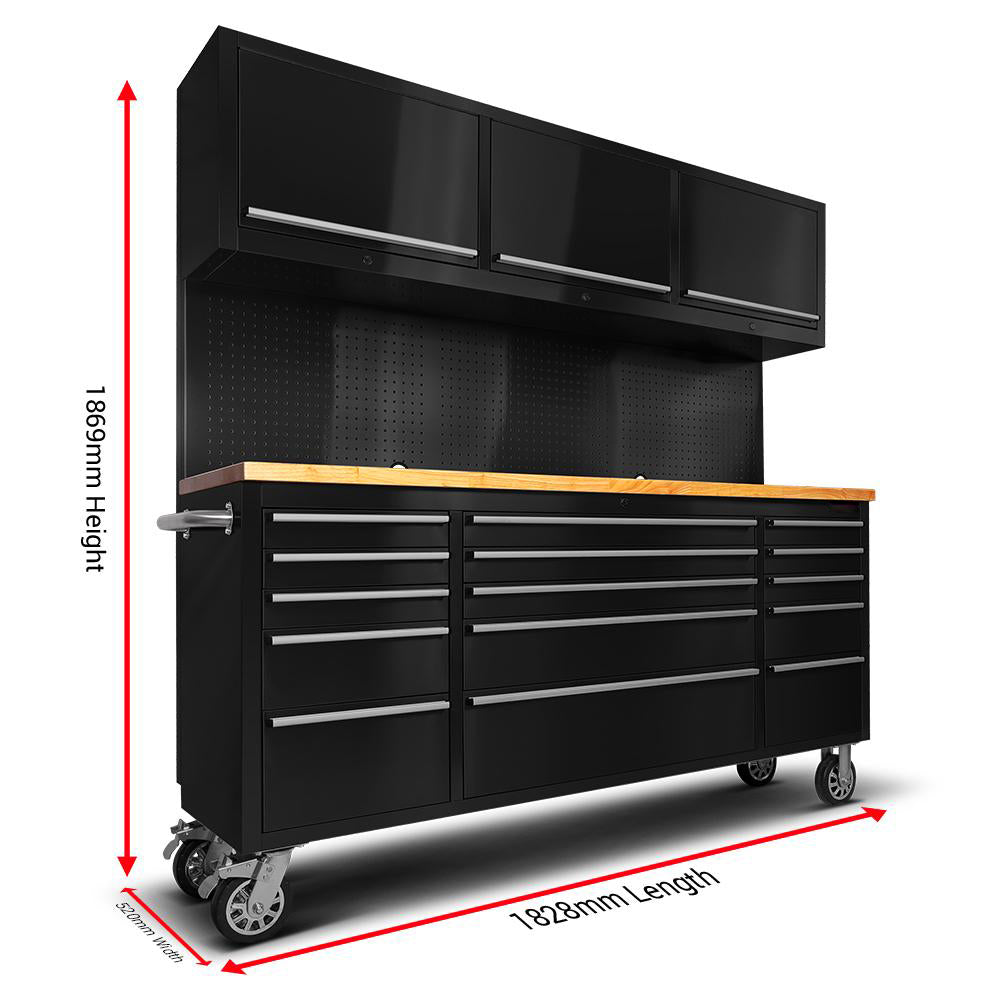 72" Matte Black Steel 15-Drawer Tool Chest with Wooden Top, 3 Upper Cabinets & Peg Board