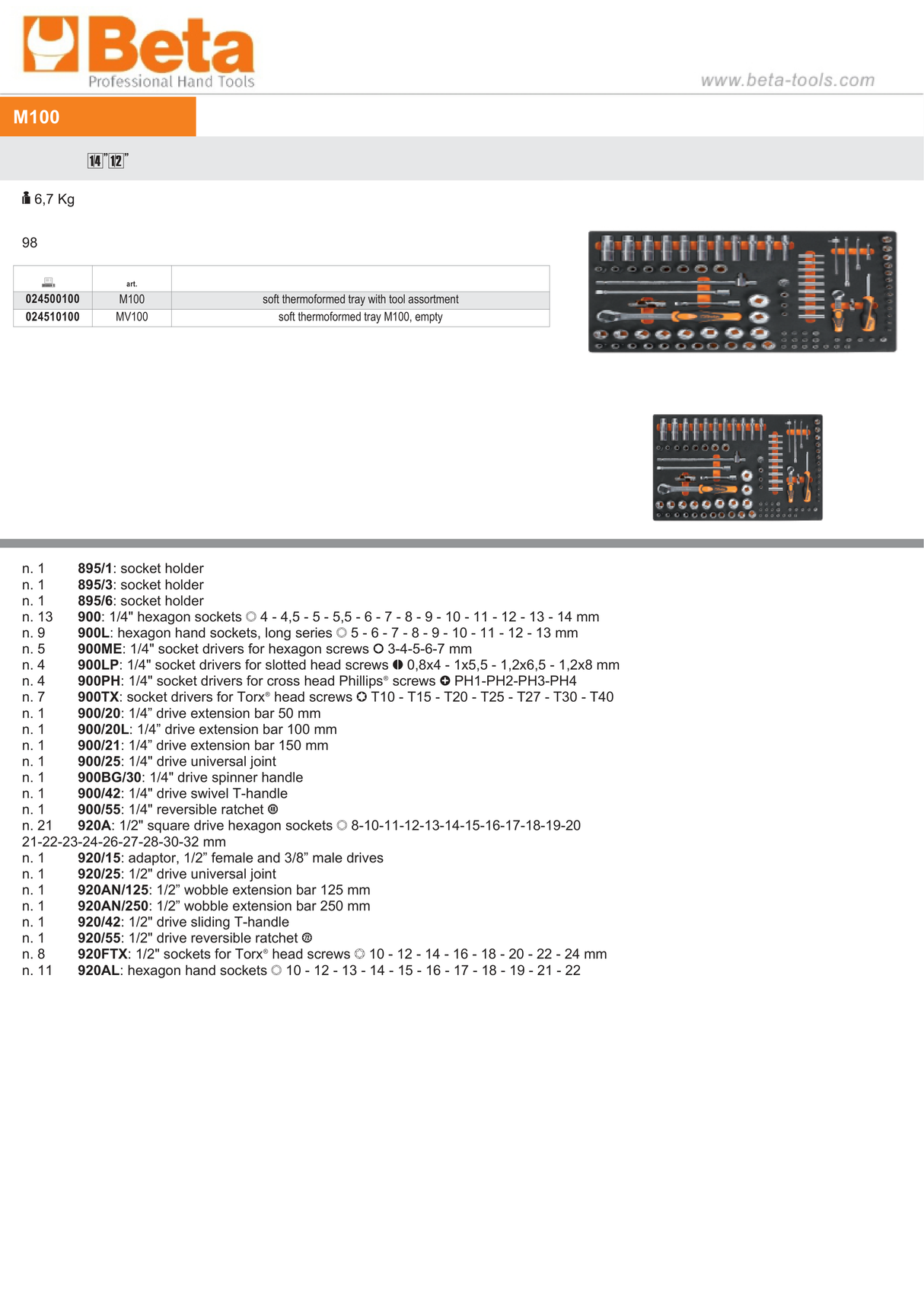 Soft Thermoformed Tray with Tool Assortment, Drawer Size 98 - Beta Tools M100 - Image 3