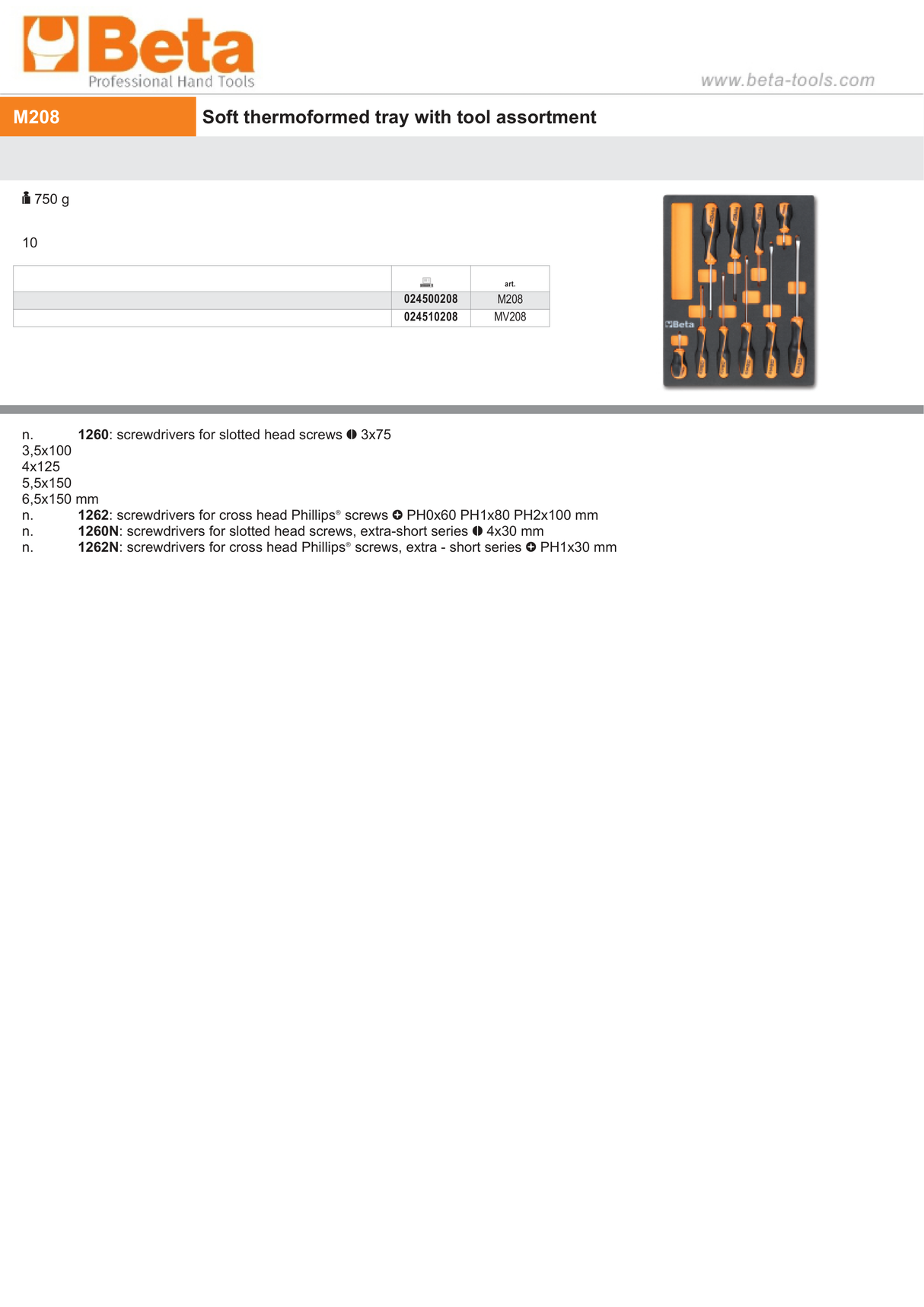 Soft Thermoformed Tray with Tool Assortment, Drawer Size 10 - Beta Tools M208 - Image 2