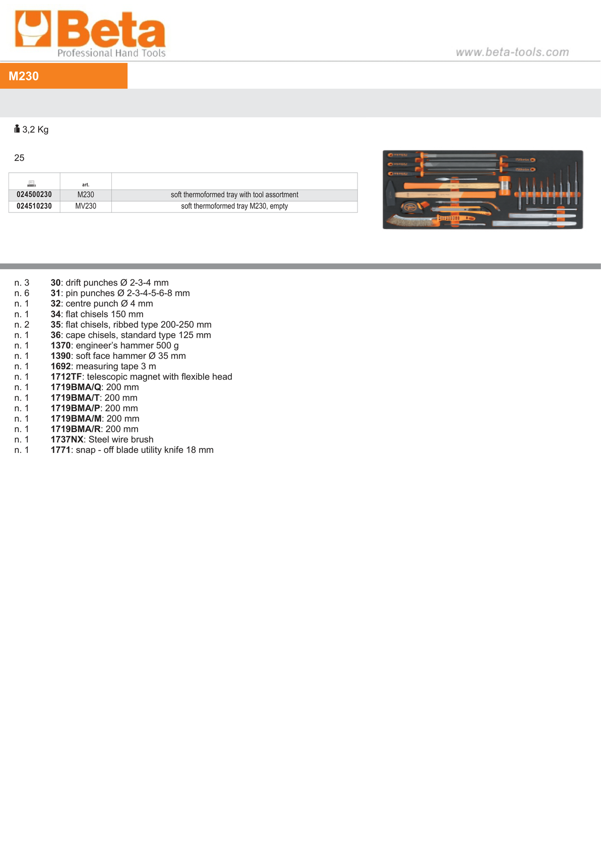 Soft Thermoformed Tray with Tool Assortment, Drawer Size 25 - Beta Tools M230 - Image 2