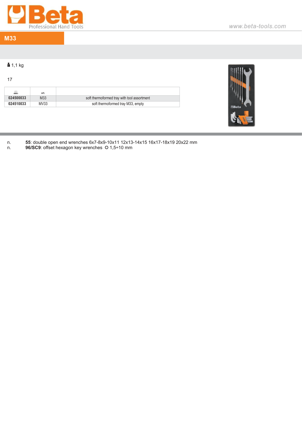 Soft Thermoformed Tray with Tool Assortment, Drawer Size 17 - Beta Tools M33 - Image 2