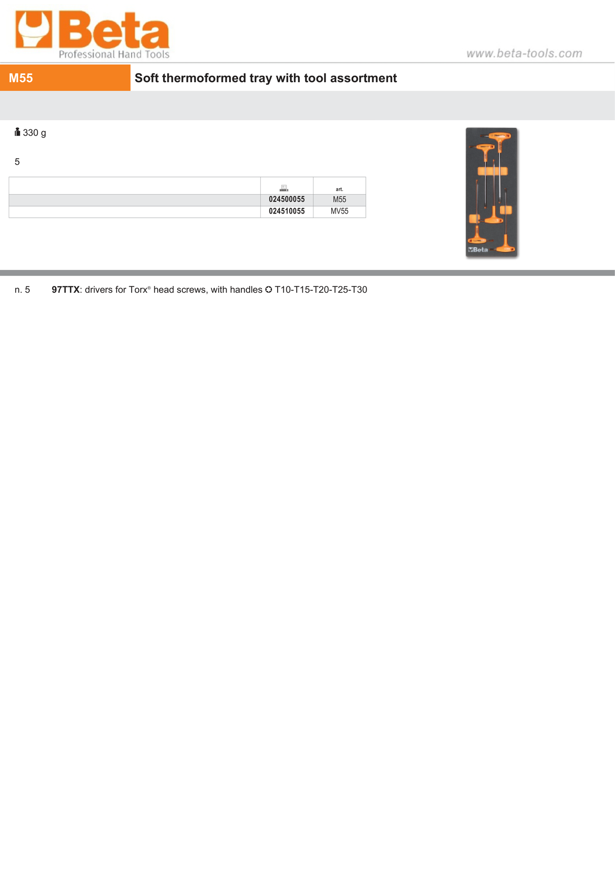 Soft Thermoformed Tray with Tool Assortment, Drawer Size 5 - Beta Tools M55 - Image 2