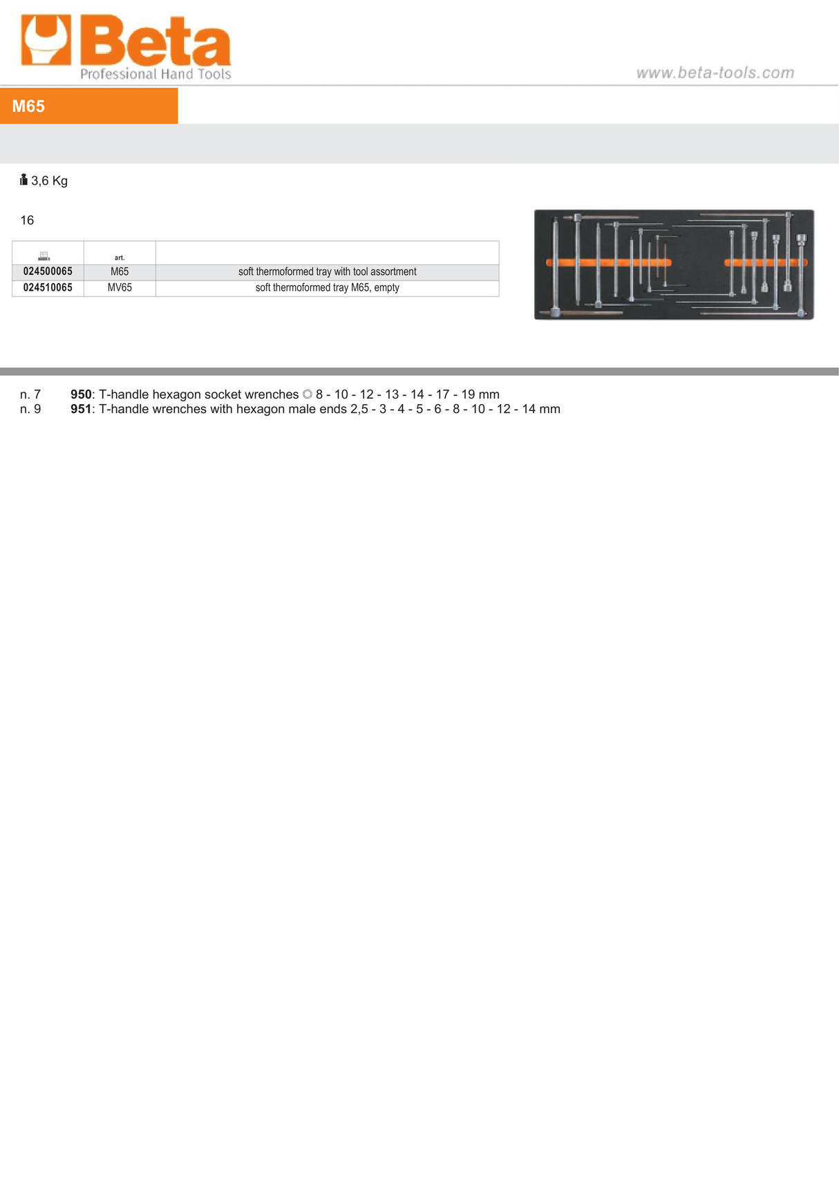 Soft Thermoformed Tray with Tool Assortment, Drawer Size 16 - Beta Tools M65 - Image 2