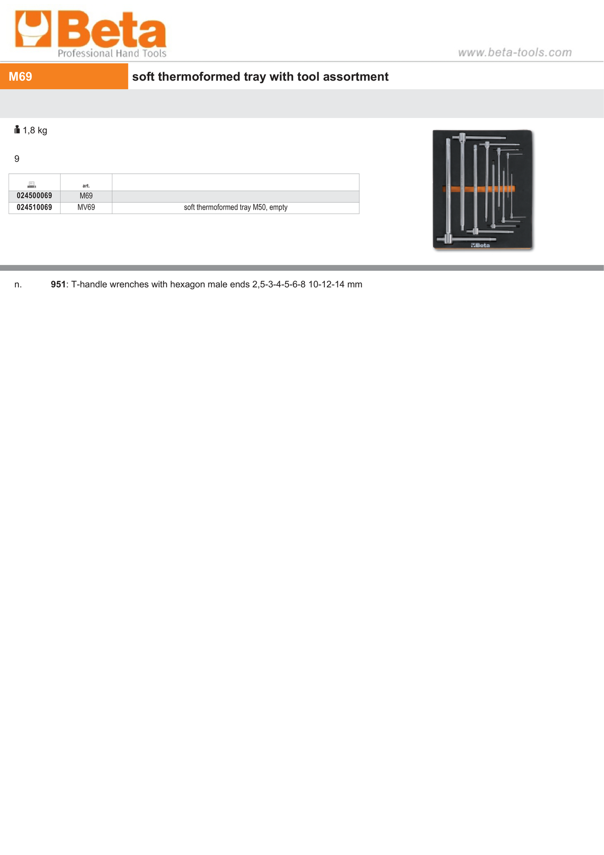 Soft Thermoformed Tray with Tool Assortment, Drawer Size 9 - Beta Tools M69 - Image 2