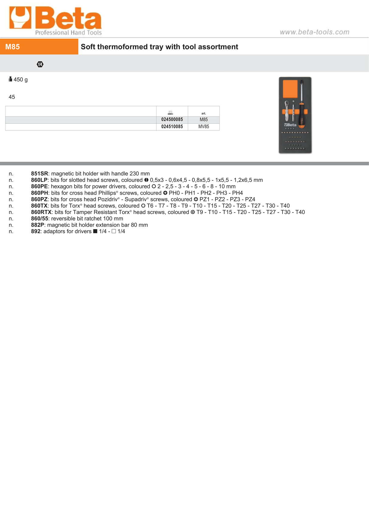 Soft Thermoformed Tray with Tool Assortment, Drawer Size 45 - Beta Tools M85 - Image 2