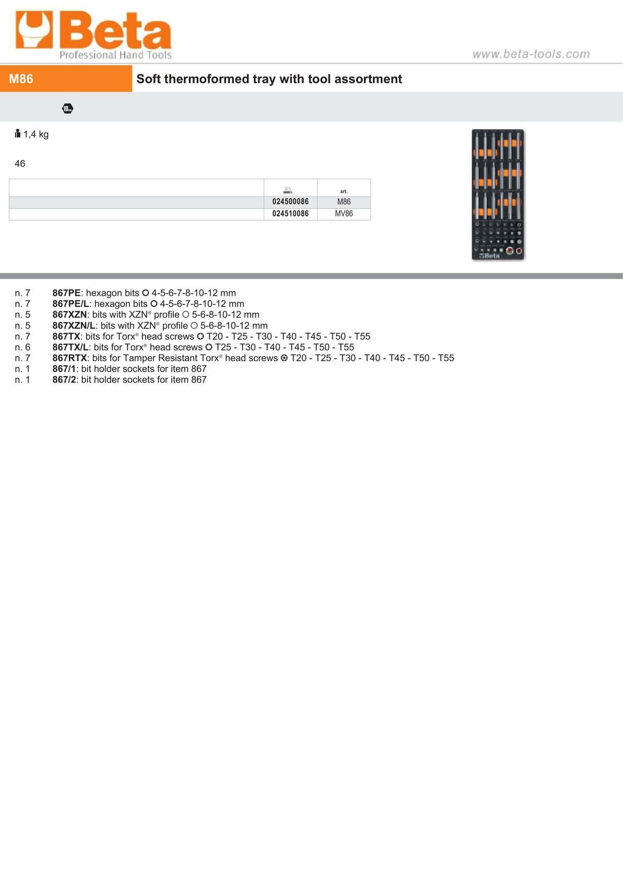 Soft Thermoformed Tray with Tool Assortment, Drawer Size 46 - Beta Tools M86 - Image 2