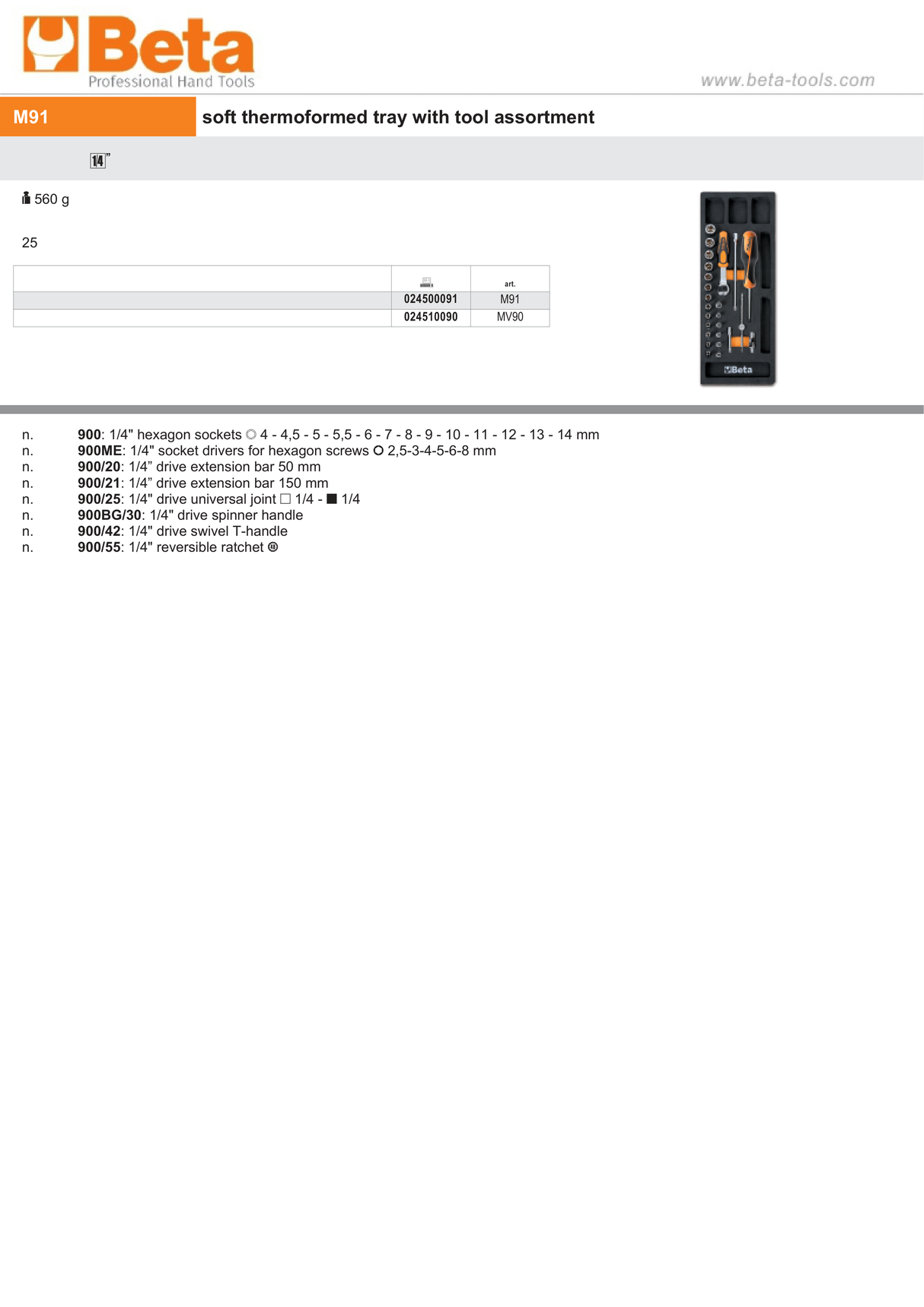 Soft Thermoformed Tray with Tool Assortment, Drawer Size 25 - Beta Tools M91 - Image 2