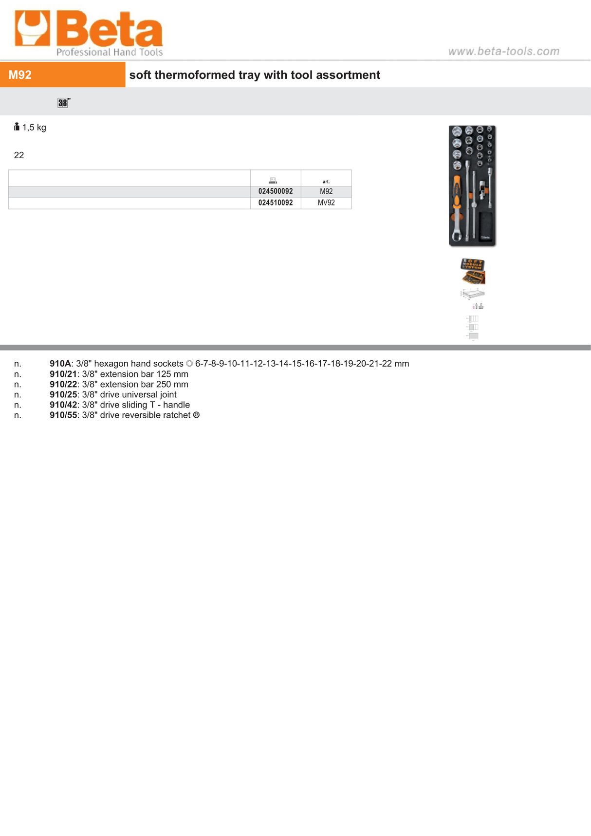 Soft Thermoformed Tray with Tool Assortment - Beta Tools M92 - Image 3
