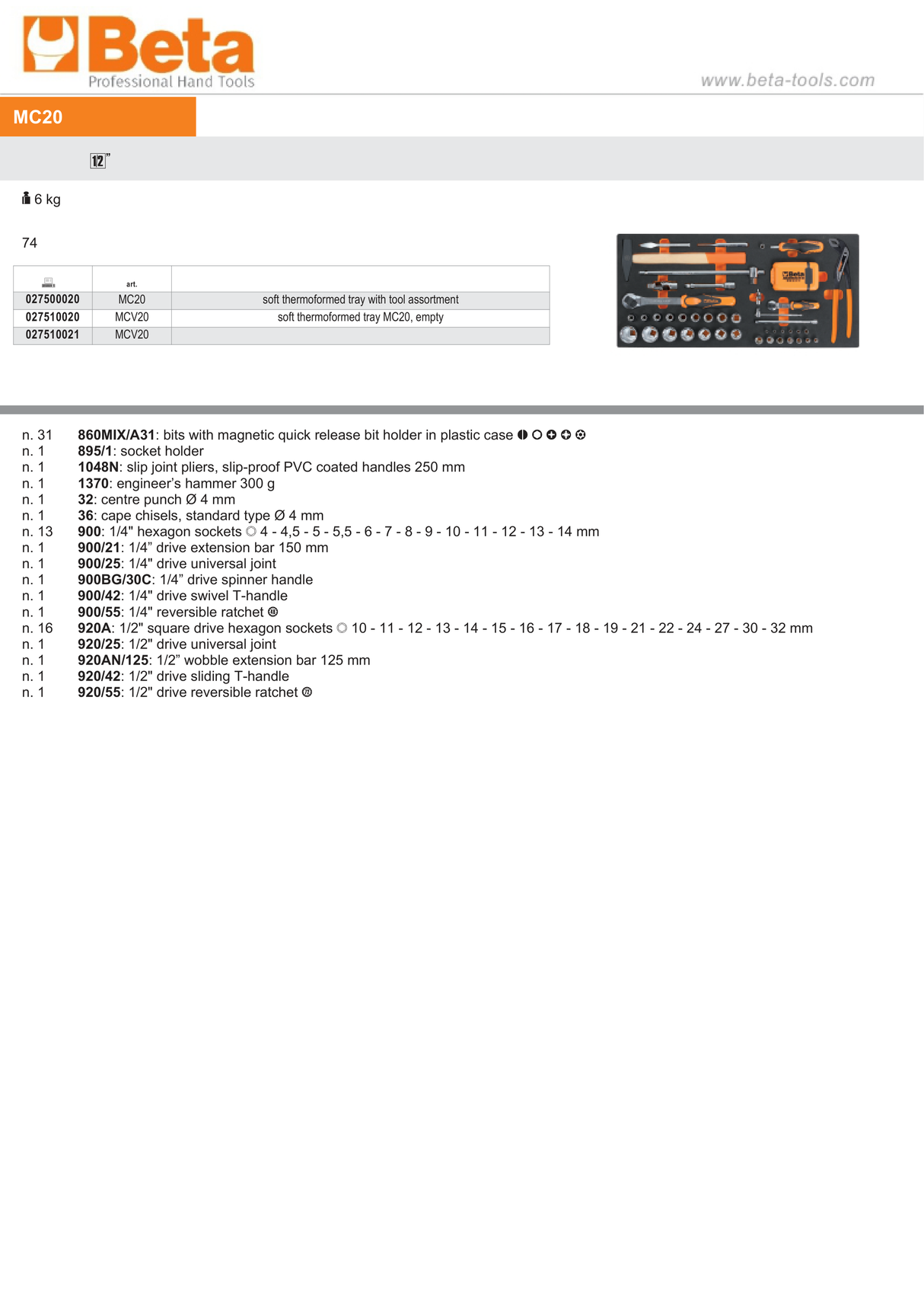 Soft Thermoformed Tray with Tool Assortment - Beta Tools MC20 - Image 2