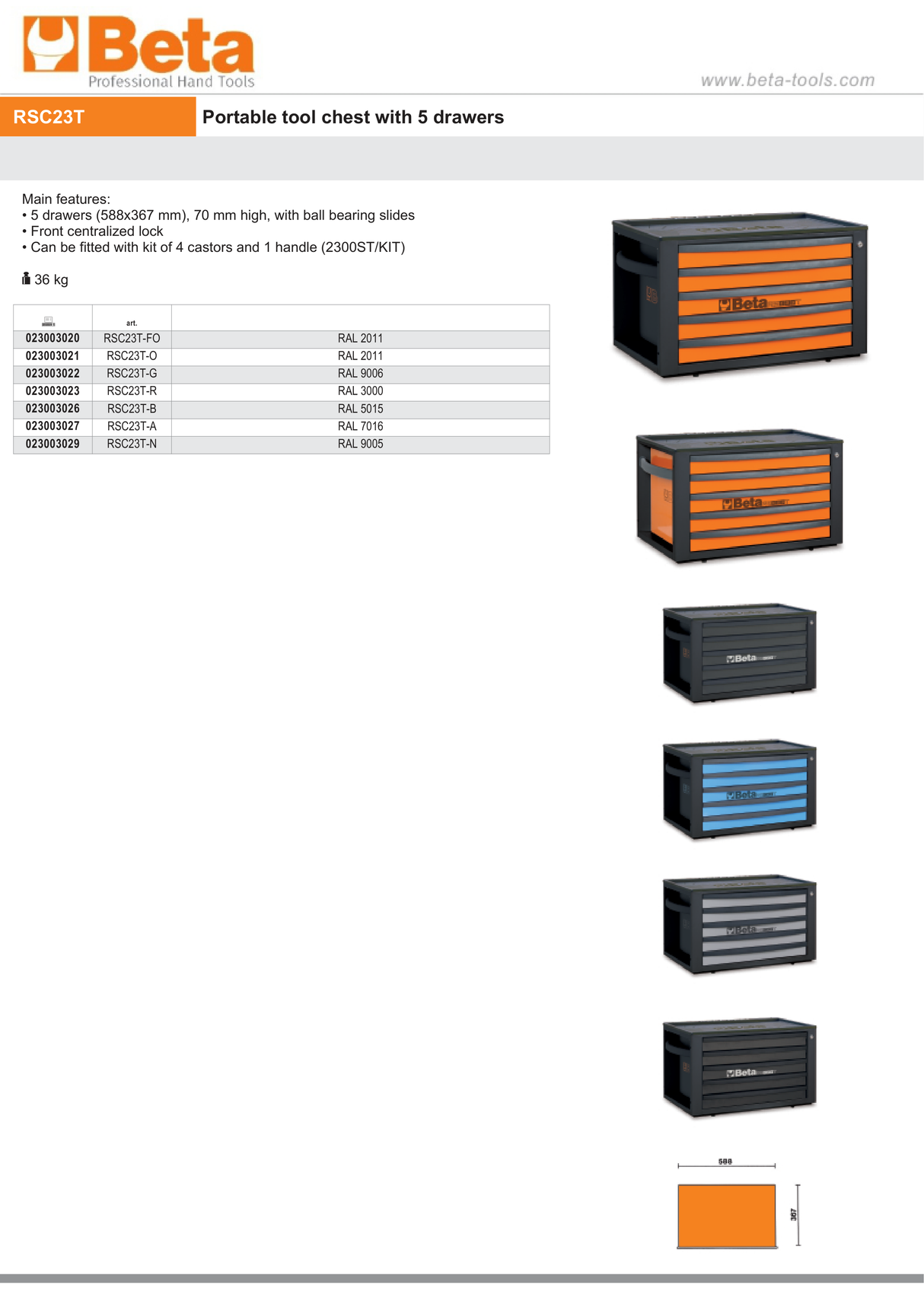 Portable Tool Chest with 5 Drawers and Centralized Lock - Beta Tools RSC23T-O - Image 11