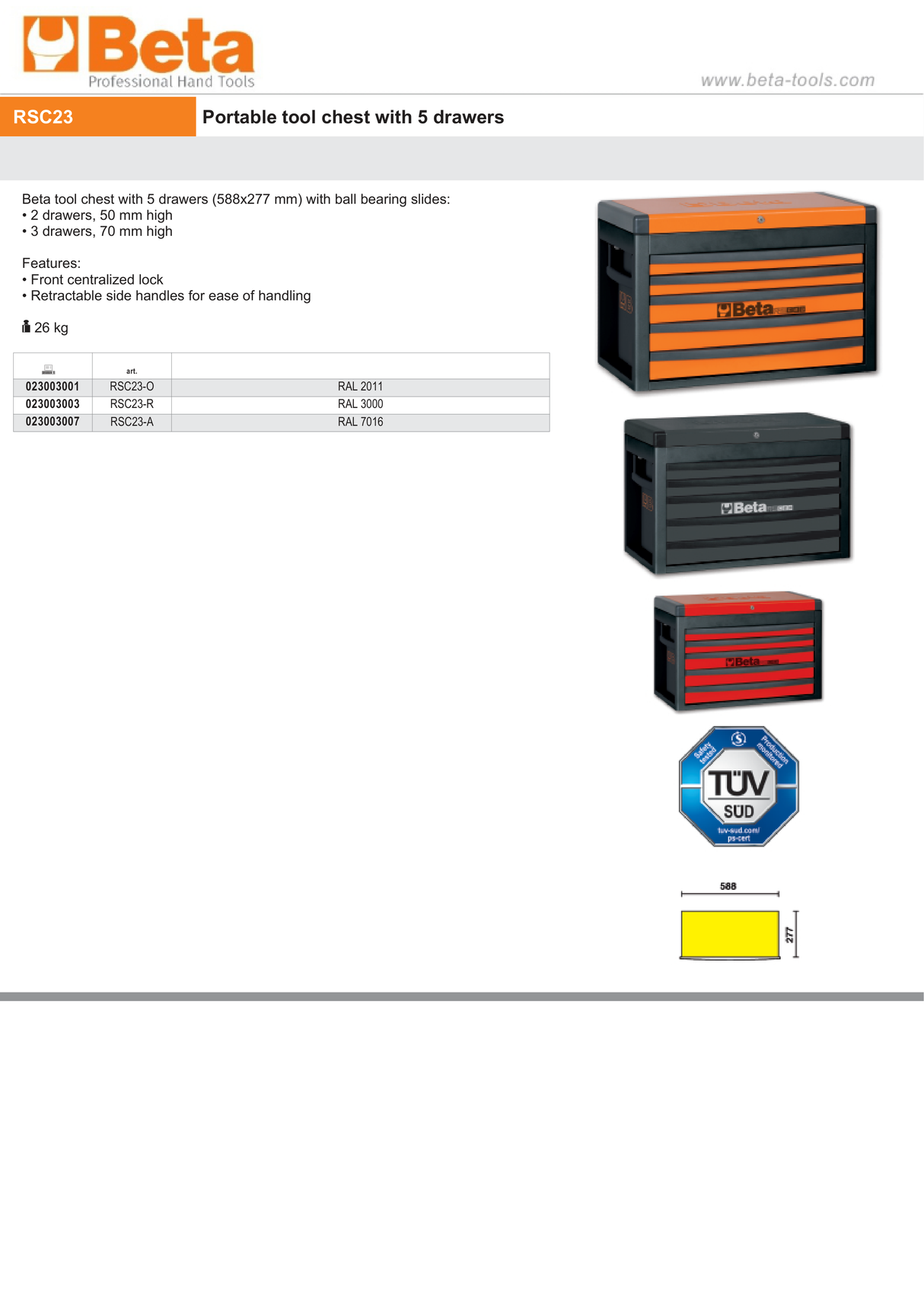 Portable Tool Chest with 5 Drawers and Centralized Lock - Beta Tools RSC23-O - Image 7