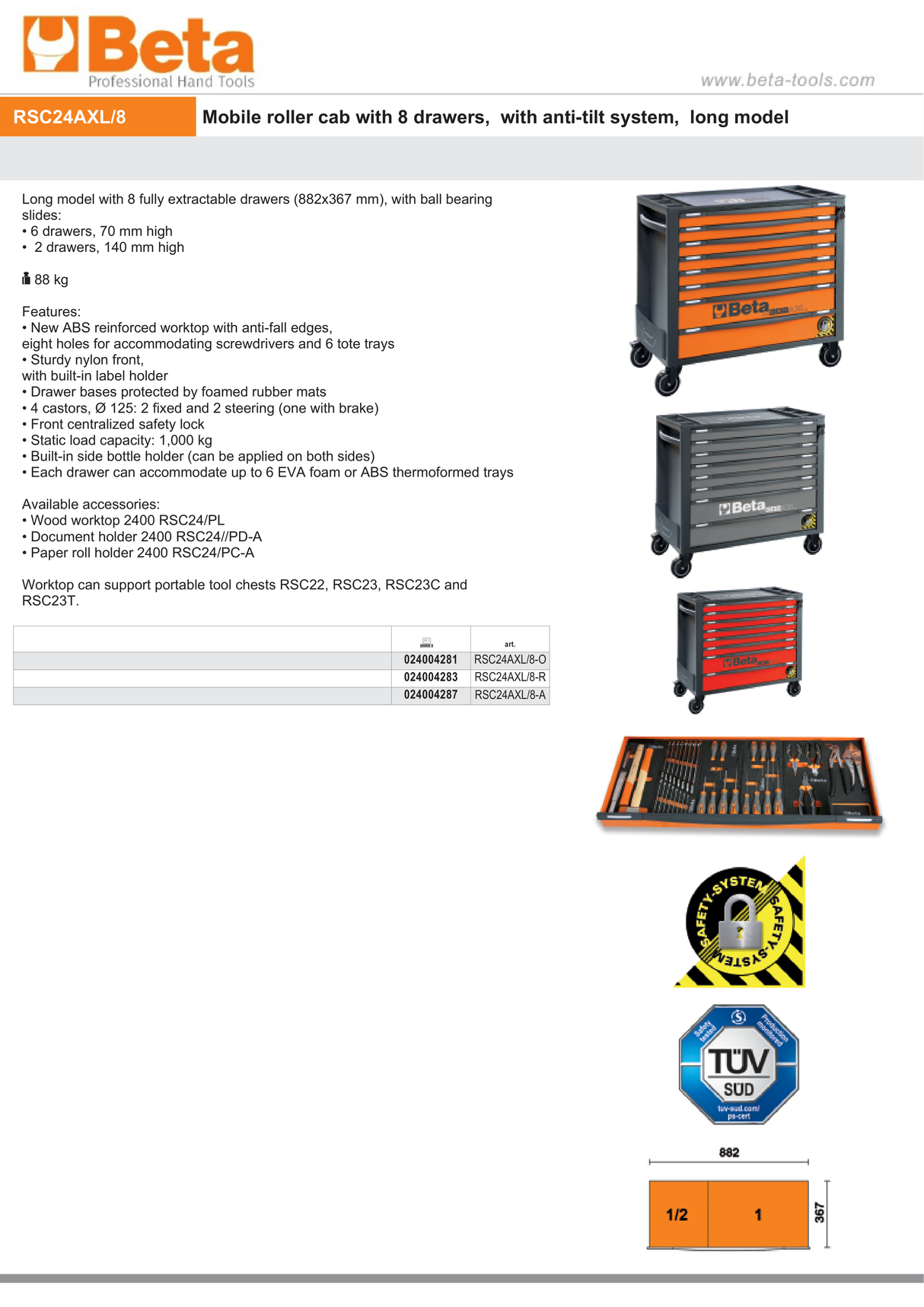Mobile Roller Cab 8 Drawers Anti-Tilt System Long Model 1000kg Capacity - Beta Tools RSC24AXL/8-O - Image 9