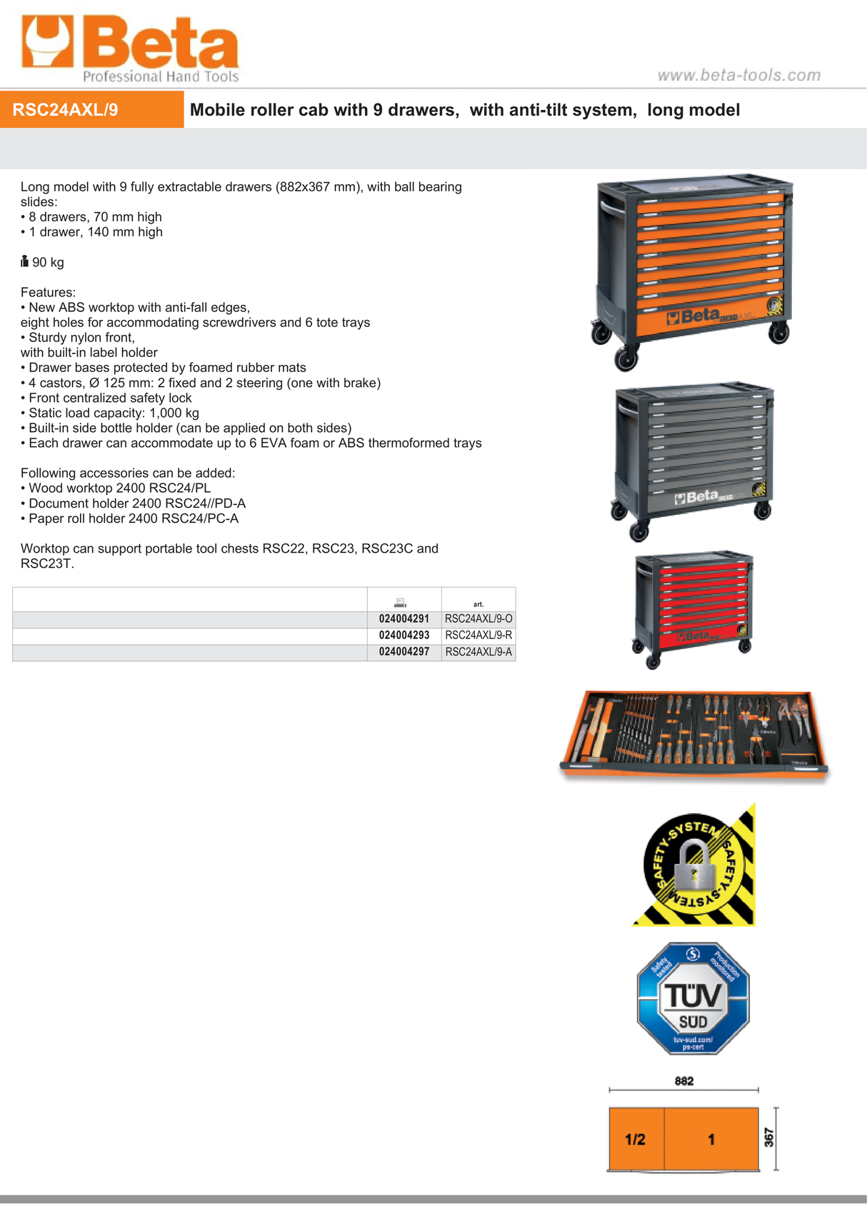 Mobile Roller Cab 9 Drawers Anti-Tilt System Long Model 1000kg Capacity - Beta Tools RSC24AXL/9-R - Image 9