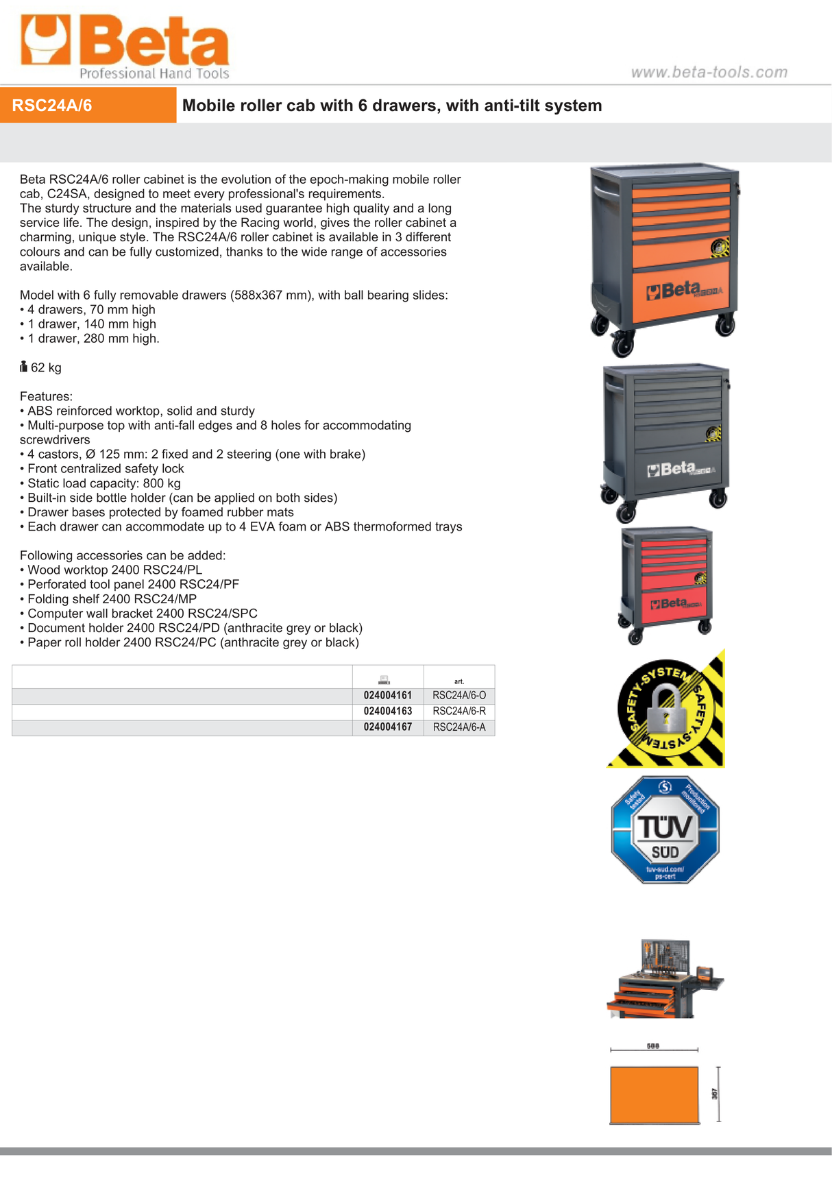 Mobile Roller Cab 6 Drawers Anti-Tilt System Reinforced Worktop 800kg Capacity - Beta Tools RSC24A/6-O - Image 13