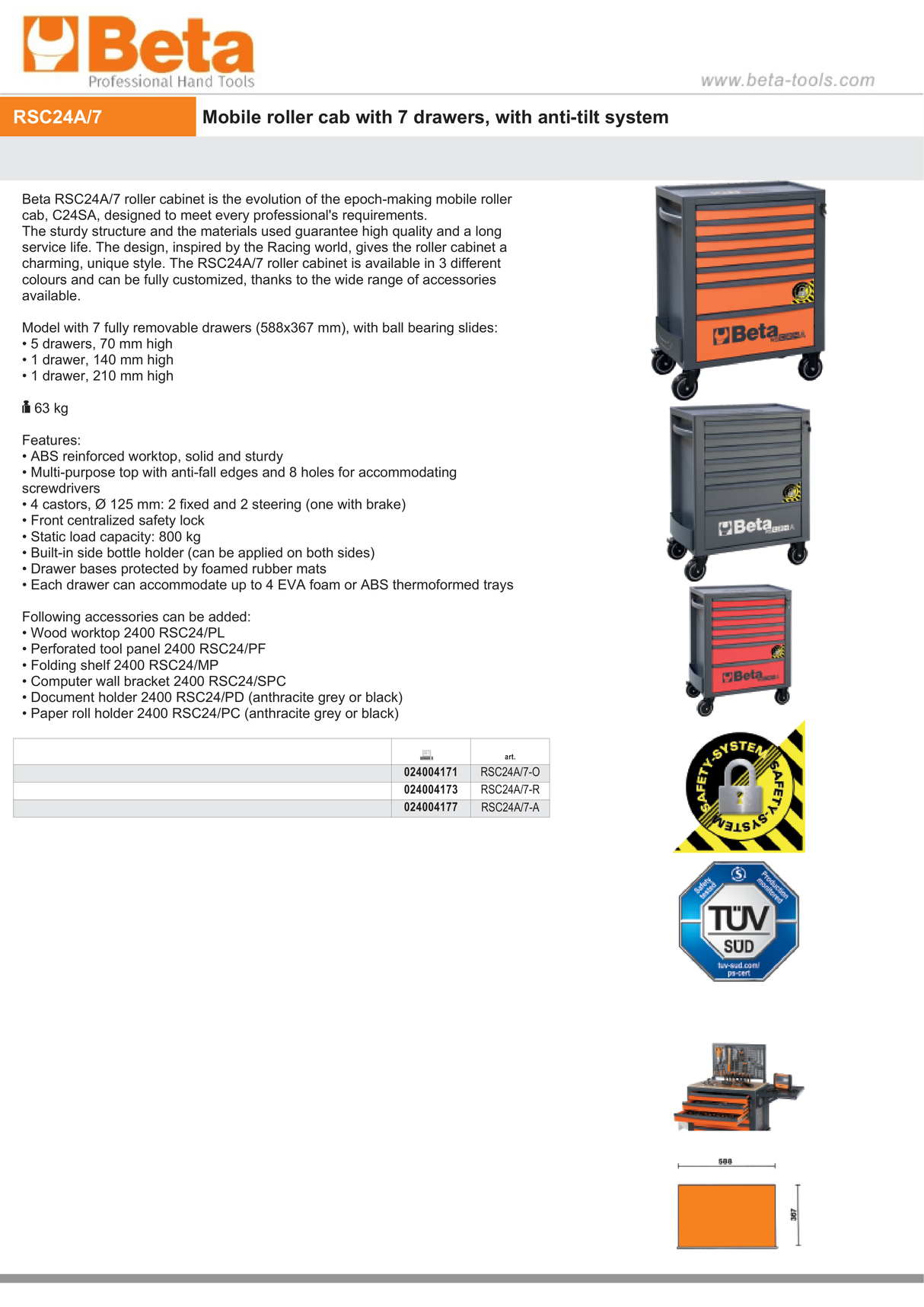 Mobile Roller Cab 7 Drawers Anti-Tilt System Reinforced Worktop 800kg Capacity - Beta Tools RSC24A/7-A - Image 13