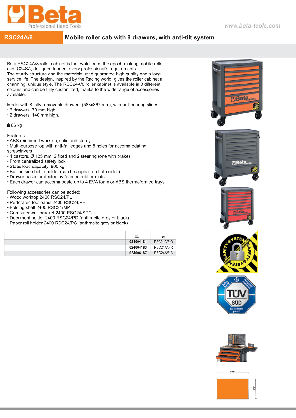 Mobile Roller Cab 8 Drawers Anti-Tilt System Reinforced Worktop 800kg Capacity - Beta Tools RSC24A/8-A - Image 13